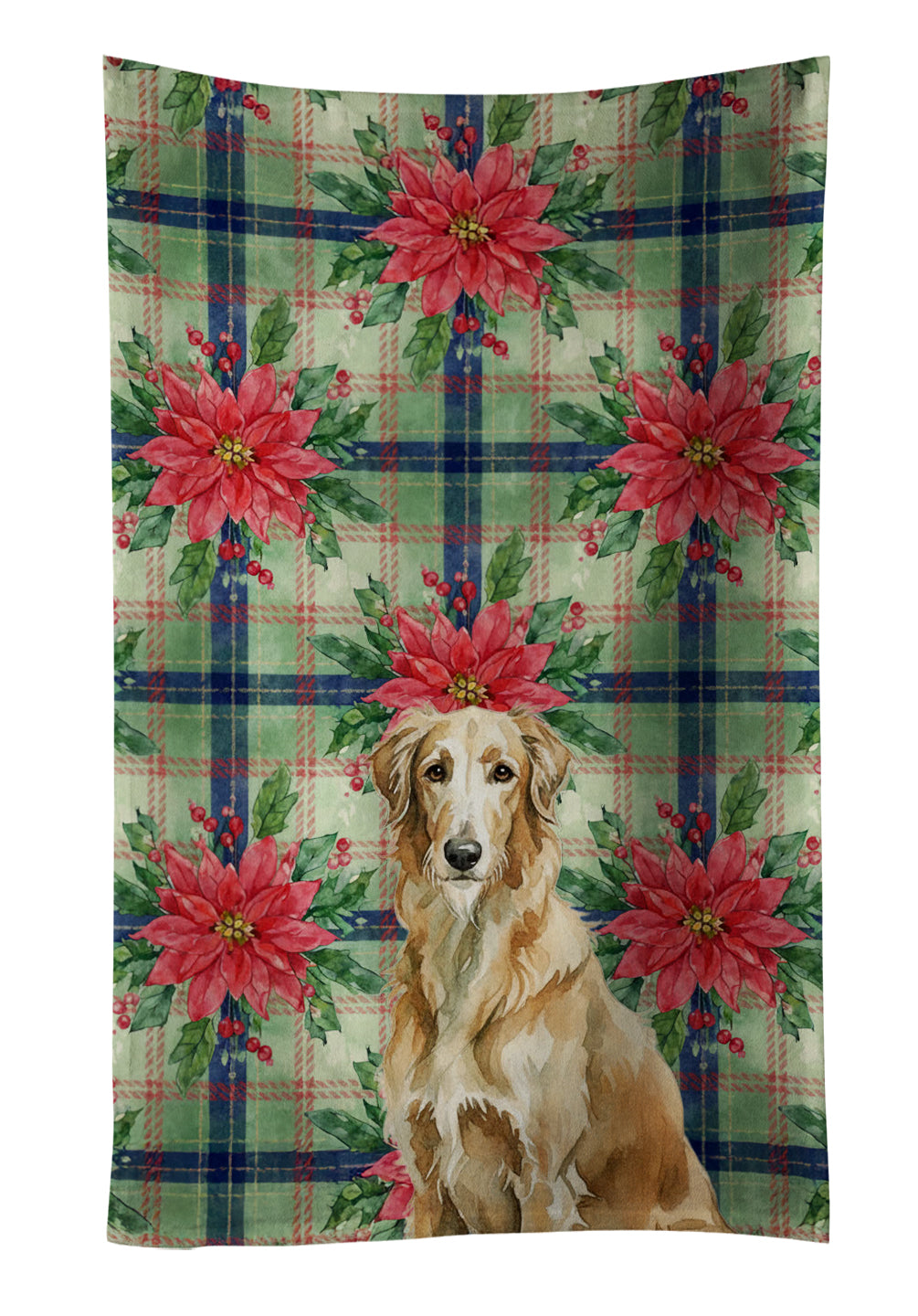 Wheaten Scottish Deerhound Christmas PoinsettIas Kitchen Towel Velour Plush Front and Cotton Loop Back Machine Washable