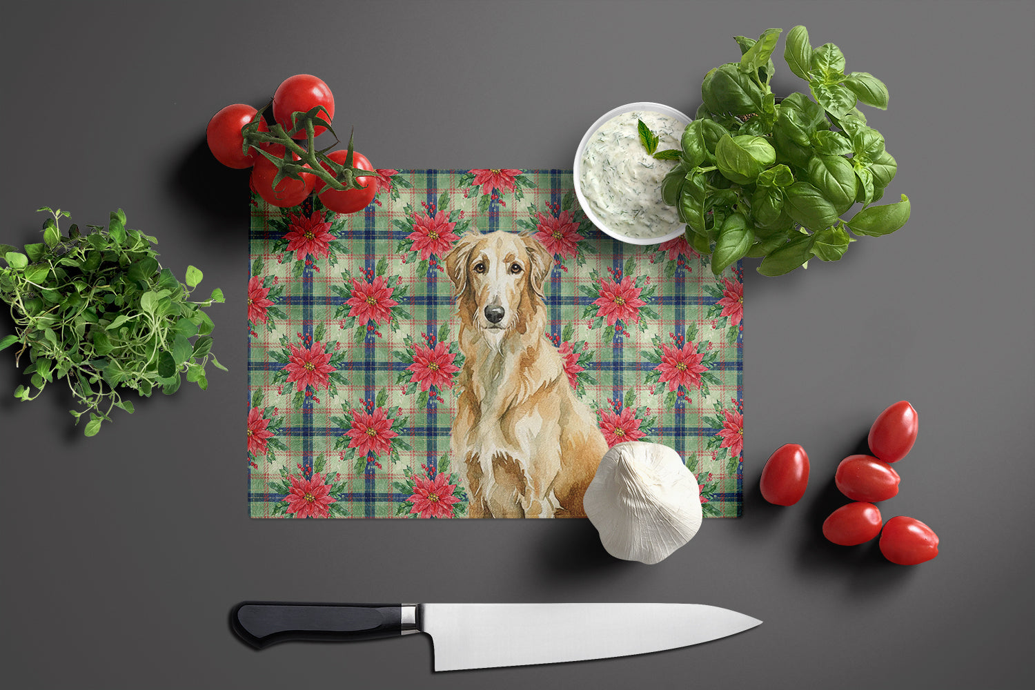 Wheaten Scottish Deerhound Christmas PoinsettIas Cutting Board Tempered Glass Kitchen Cutting Surface, Heat Resistant Chopping, Non-Slip Feet, Food Prep & Serving
