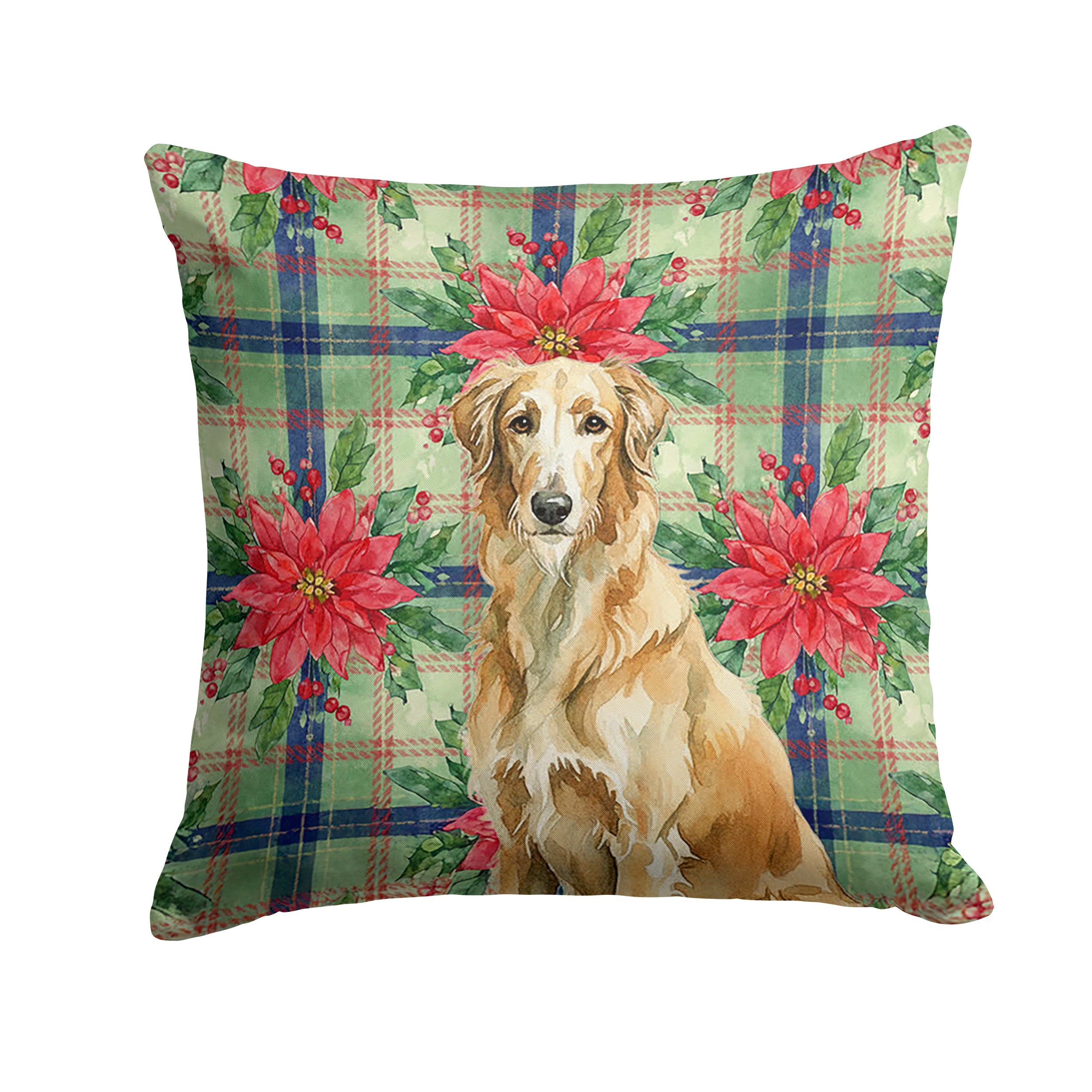 Wheaten Scottish Deerhound Christmas PoinsettIas Decorative Throw Pillow 18x18 Indoor Outdoor Accent Cushion, Fabric Cover with Insert for Sofa, Bed, Porch & Living Room