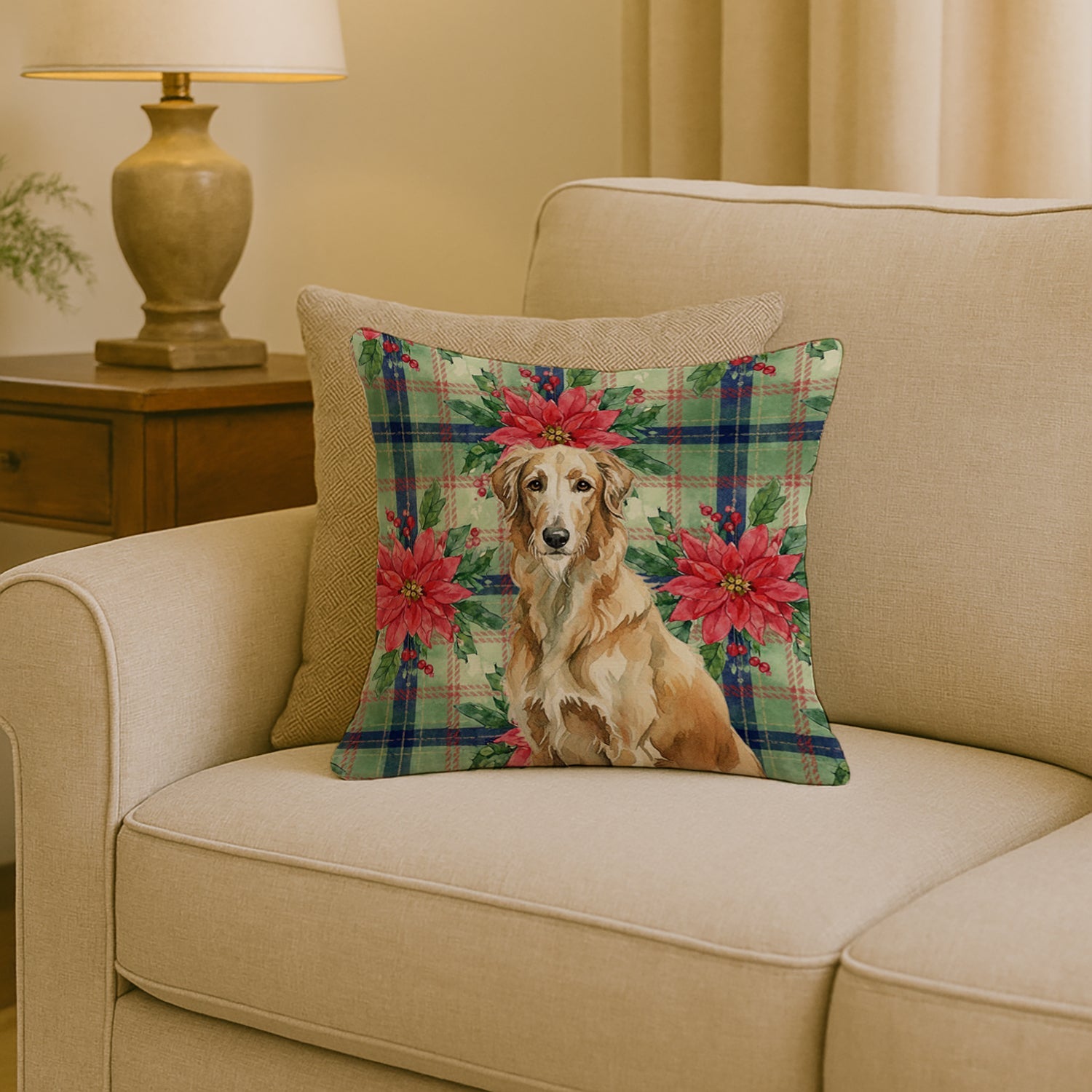 Wheaten Scottish Deerhound Christmas PoinsettIas Decorative Throw Pillow 18x18 Indoor Outdoor Accent Cushion, Fabric Cover with Insert for Sofa, Bed, Porch & Living Room