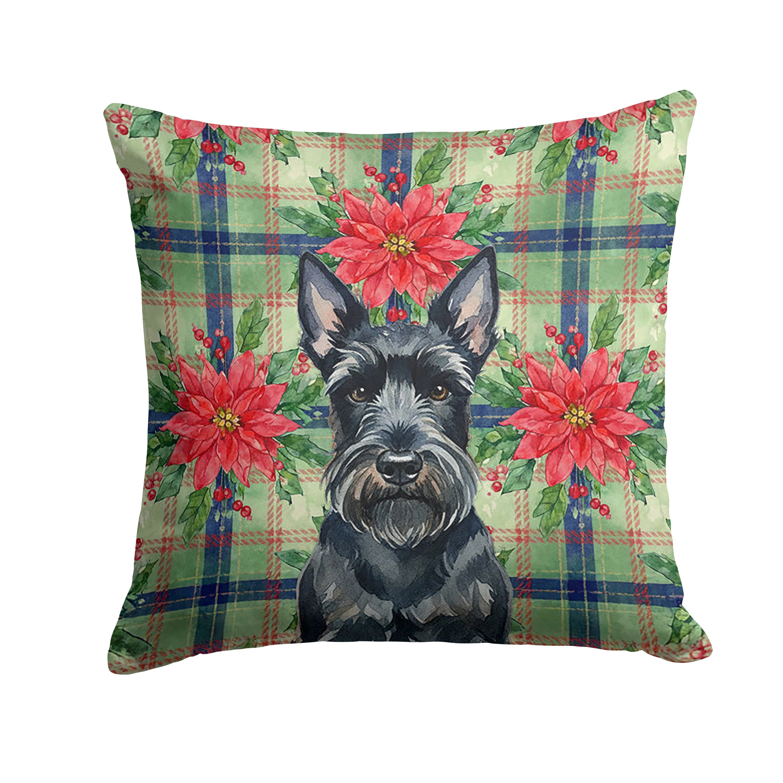 Scottish Terrier Christmas PoinsettIas Decorative Throw Pillow 14x14 Indoor Outdoor Accent Cushion, Fabric Cover with Insert for Sofa, Bed, Porch & Living Room