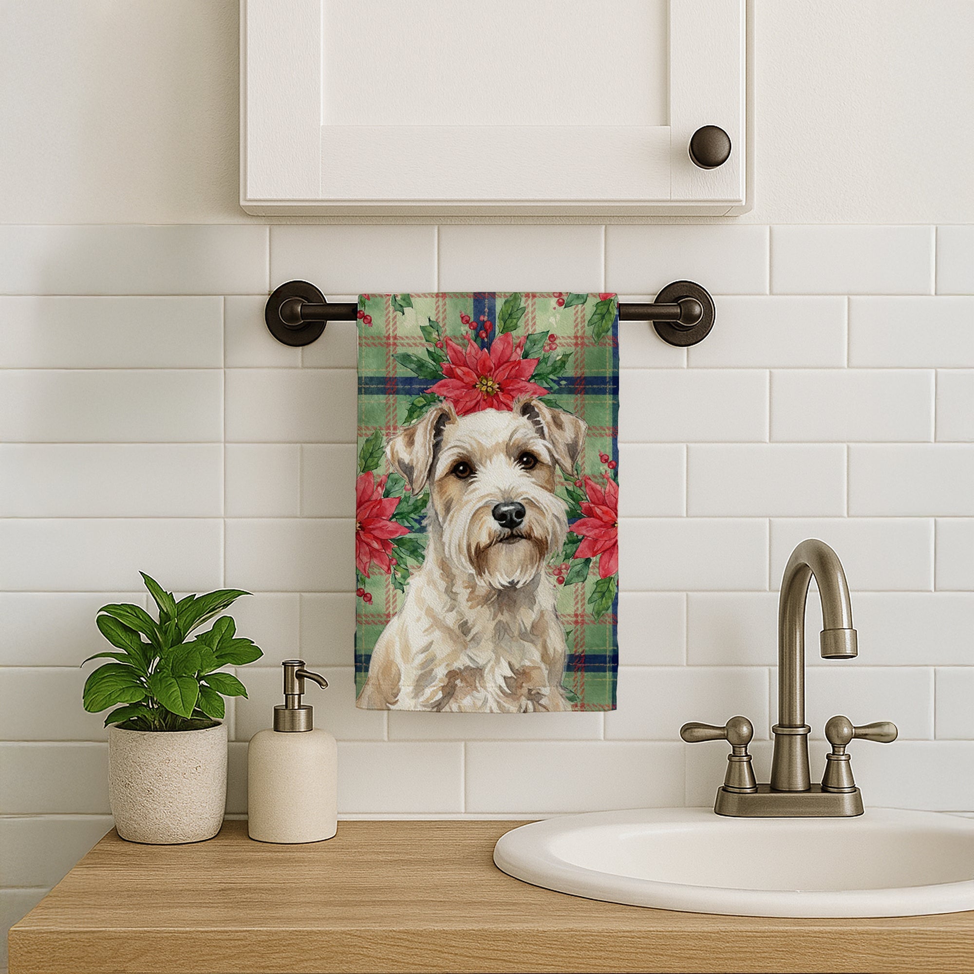 Sealyham Terrier Christmas PoinsettIas Kitchen Towel Velour Plush Front and Cotton Loop Back Machine Washable
