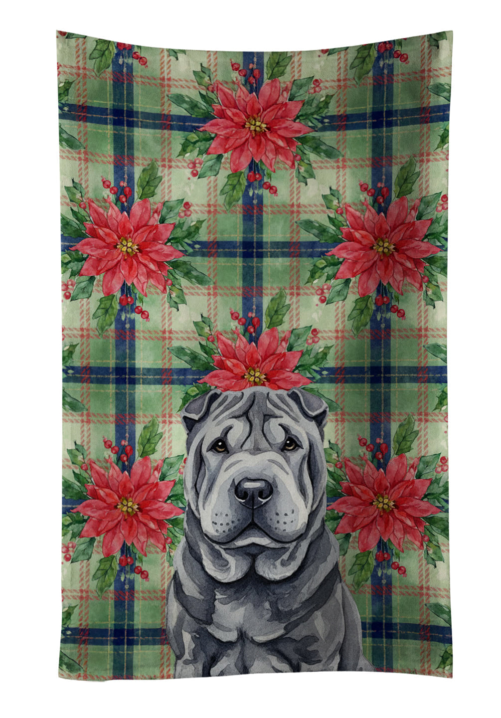 Black Shar Pei Christmas PoinsettIas Kitchen Towel Velour Plush Front and Cotton Loop Back Machine Washable