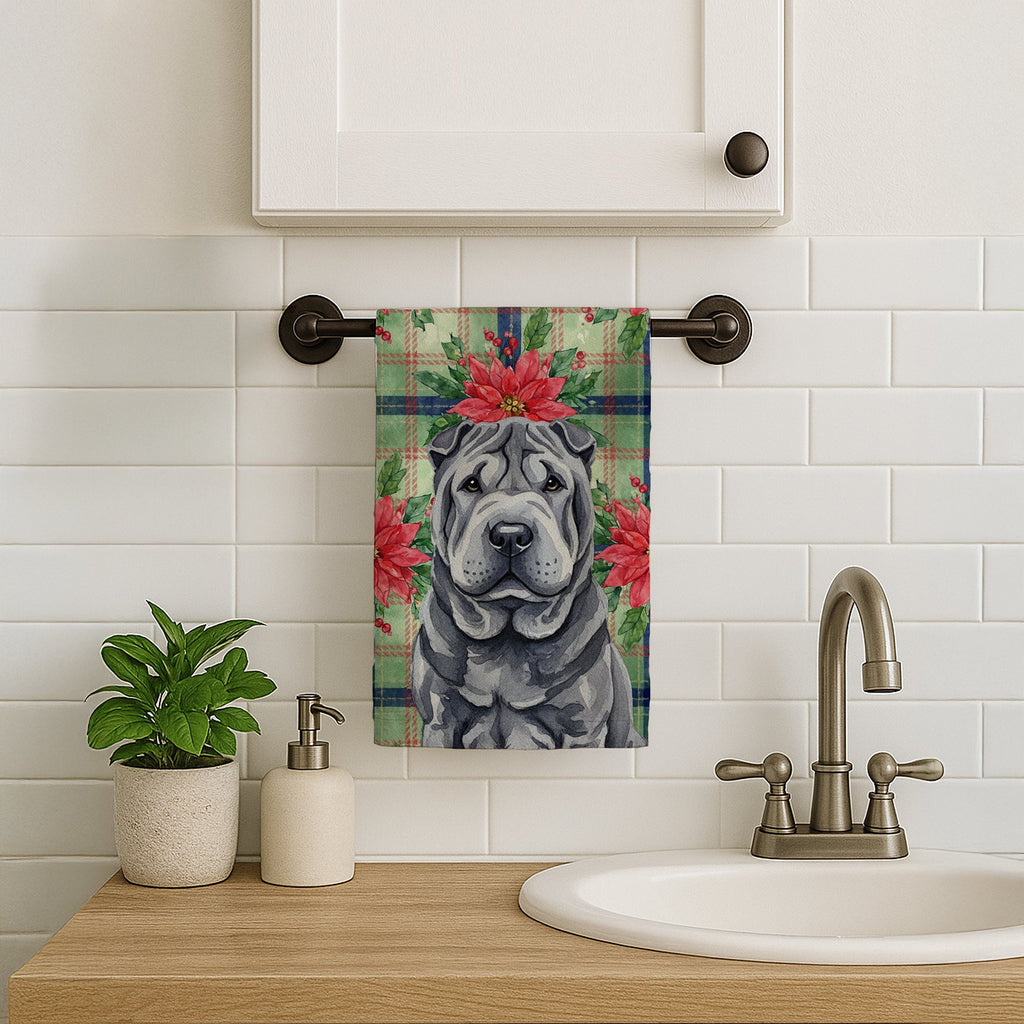 Black Shar Pei Christmas PoinsettIas Kitchen Towel Velour Plush Front and Cotton Loop Back Machine Washable