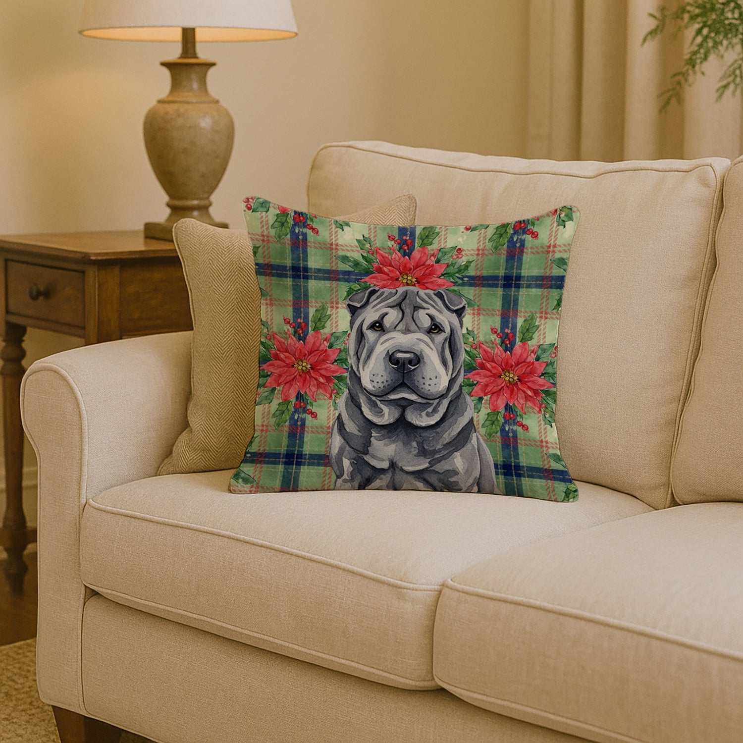Black Shar Pei Christmas PoinsettIas Decorative Throw Pillow 14x14 Indoor Outdoor Accent Cushion, Fabric Cover with Insert for Sofa, Bed, Porch & Living Room