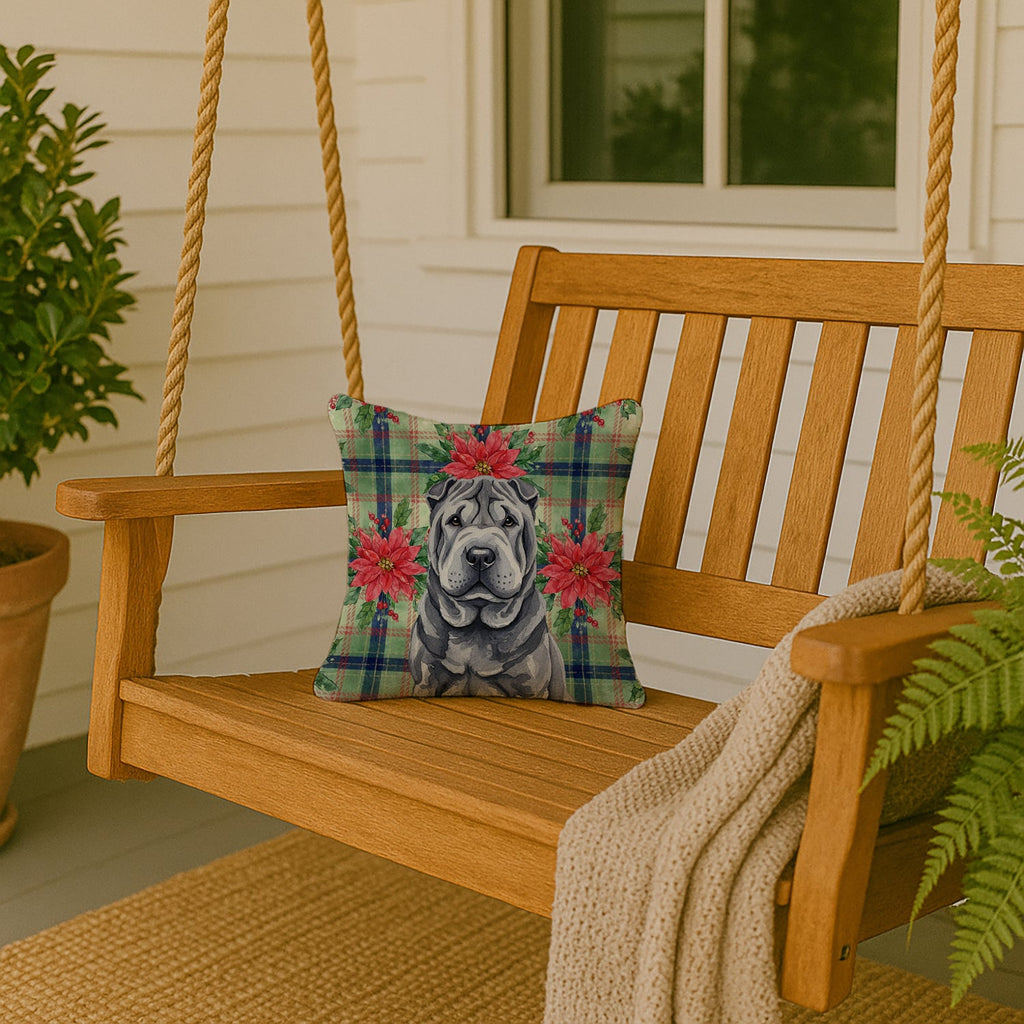 Black Shar Pei Christmas PoinsettIas Decorative Throw Pillow 14x14 Indoor Outdoor Accent Cushion, Fabric Cover with Insert for Sofa, Bed, Porch & Living Room