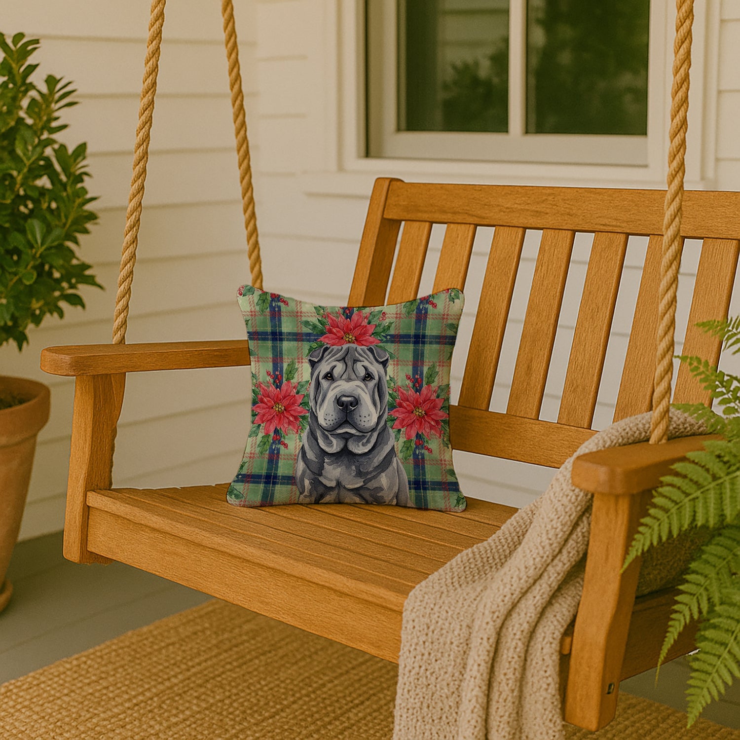 Black Shar Pei Christmas PoinsettIas Decorative Throw Pillow 14x14 Indoor Outdoor Accent Cushion, Fabric Cover with Insert for Sofa, Bed, Porch & Living Room