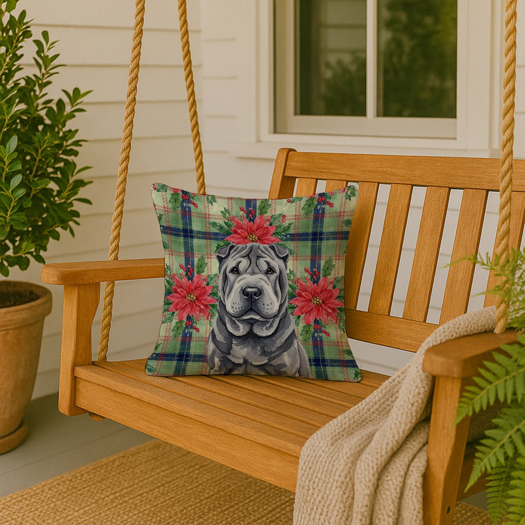 Black Shar Pei Christmas PoinsettIas Decorative Throw Pillow 18x18 Indoor Outdoor Accent Cushion, Fabric Cover with Insert for Sofa, Bed, Porch & Living Room