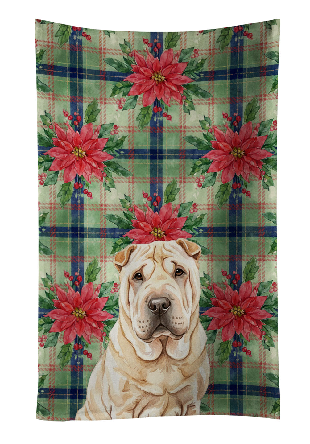 Shar Pei Christmas PoinsettIas Kitchen Towel Velour Plush Front and Cotton Loop Back Machine Washable