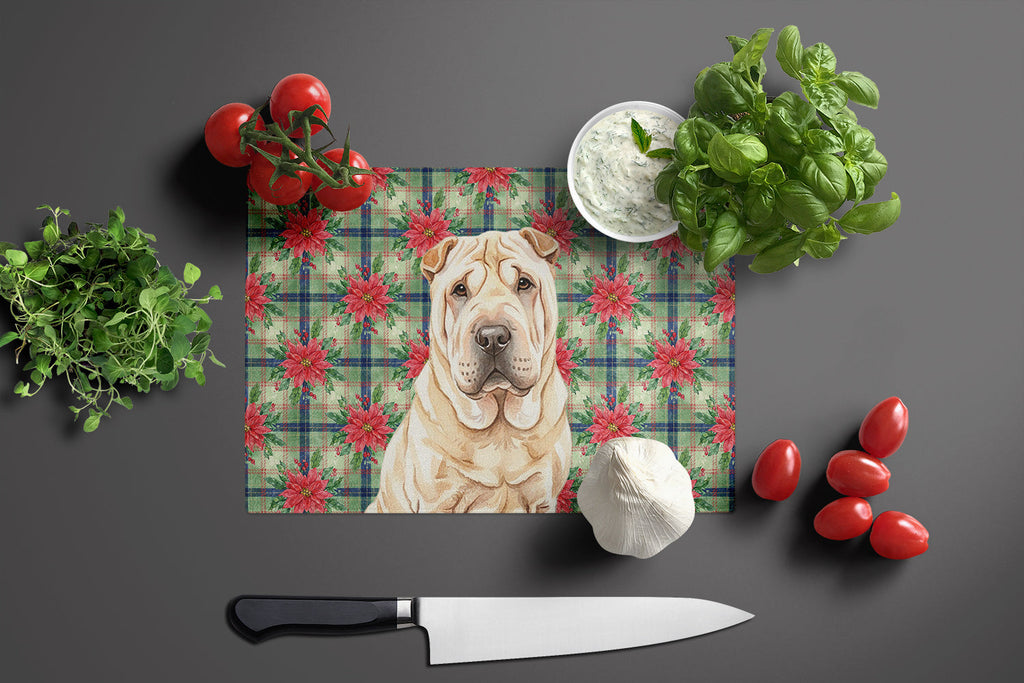 Shar Pei Christmas PoinsettIas Cutting Board Tempered Glass Kitchen Cutting Surface, Heat Resistant Chopping, Non-Slip Feet, Food Prep & Serving