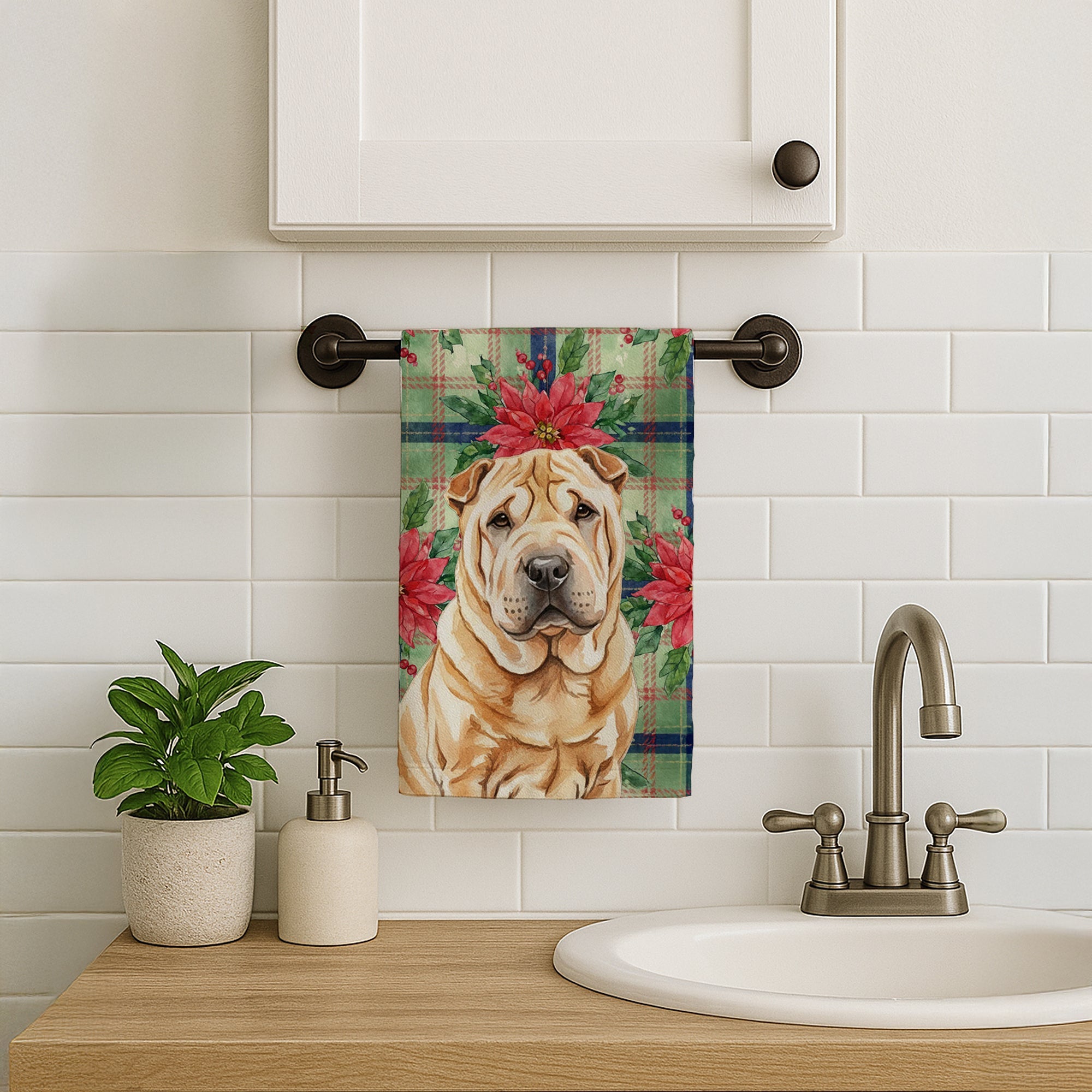 Red Shar Pei Christmas PoinsettIas Kitchen Towel Velour Plush Front and Cotton Loop Back Machine Washable