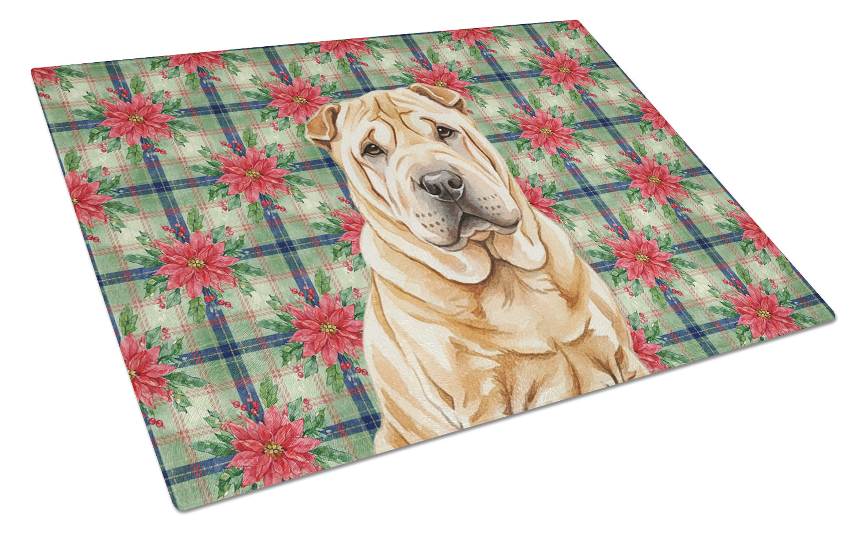 Red Shar Pei Christmas PoinsettIas Cutting Board Tempered Glass Kitchen Cutting Surface, Heat Resistant Chopping, Non-Slip Feet, Food Prep & Serving