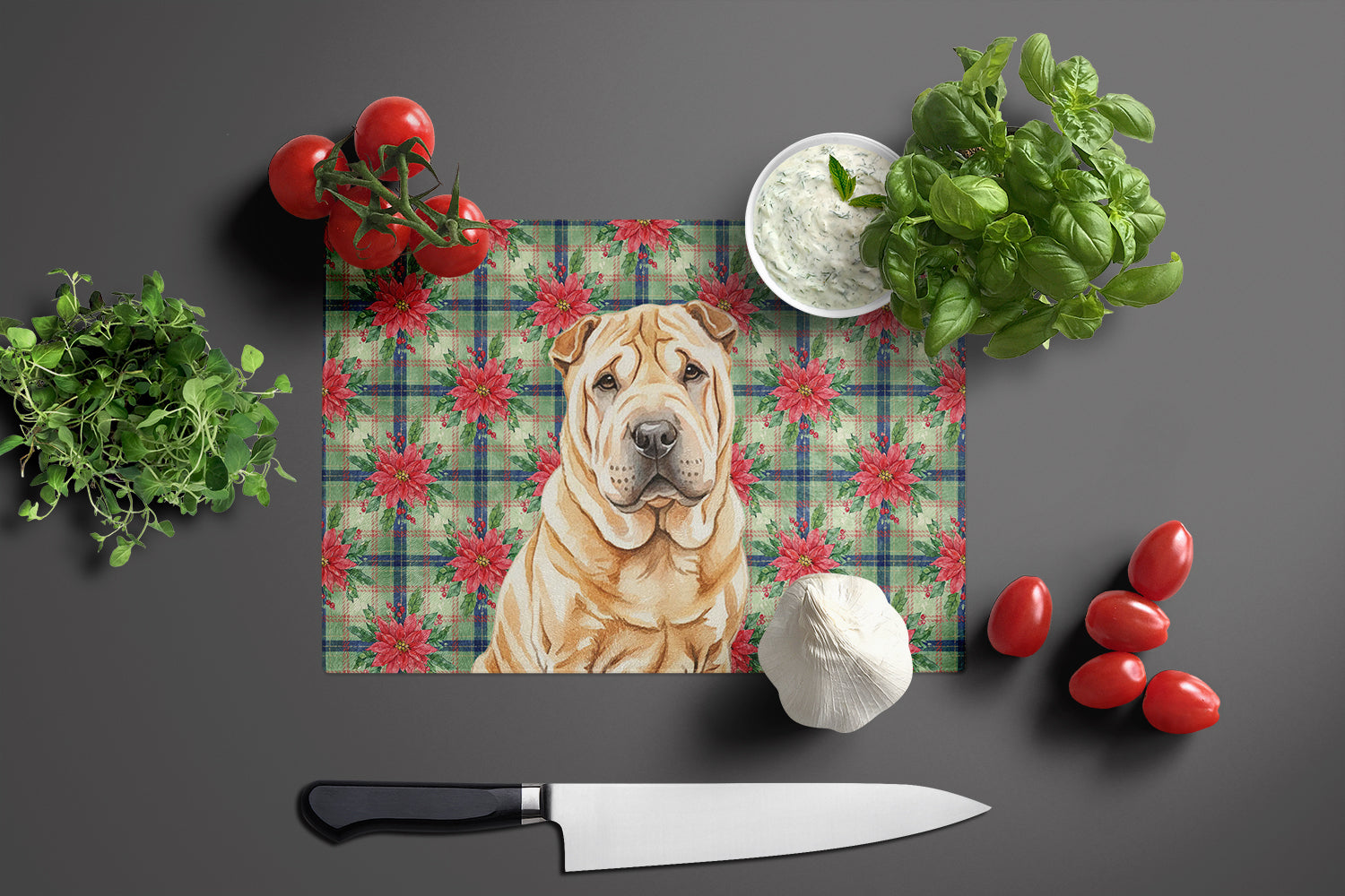 Red Shar Pei Christmas PoinsettIas Cutting Board Tempered Glass Kitchen Cutting Surface, Heat Resistant Chopping, Non-Slip Feet, Food Prep & Serving