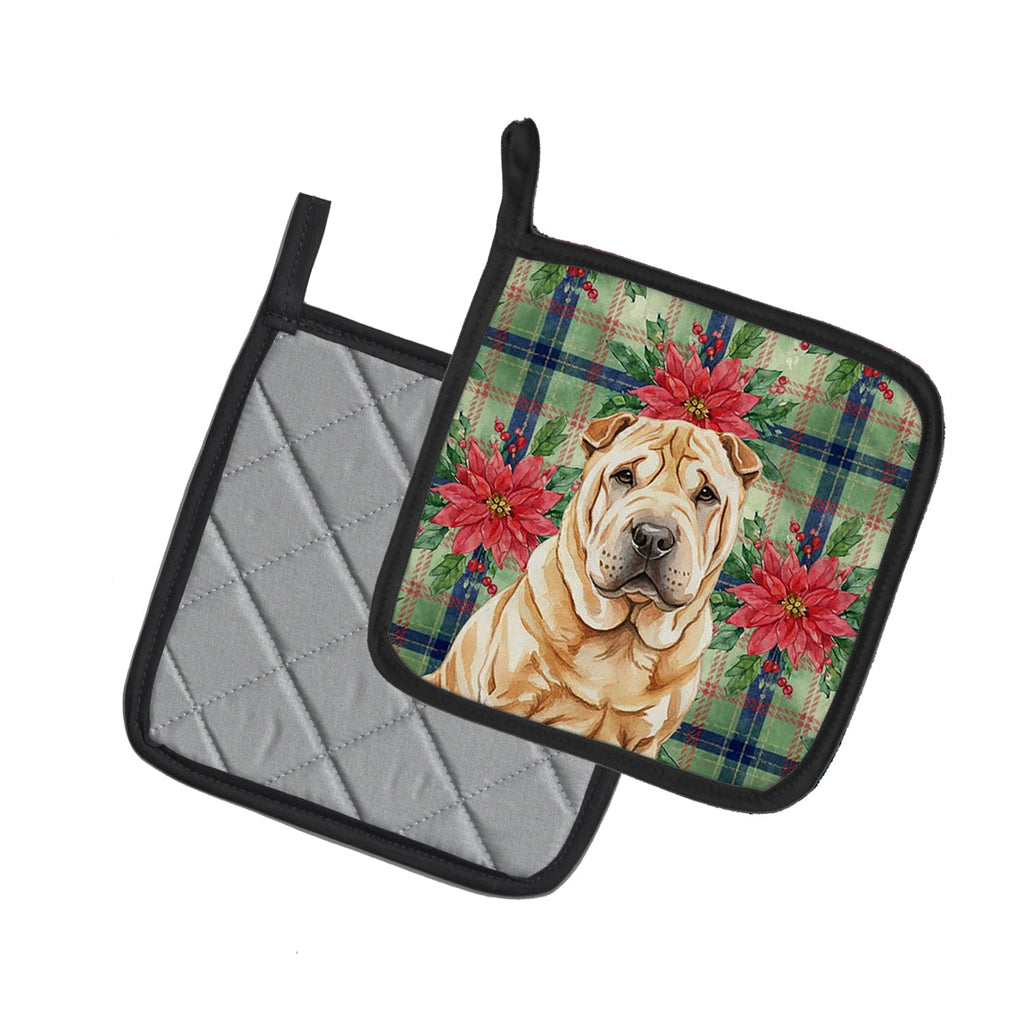 Red Shar Pei Christmas PoinsettIas Pot Holder Set of 2 Heat Resistant Quilted Hot Pads 7.5 x 7.5 Inch, Insulated Kitchen Trivets for Cooking & Baking