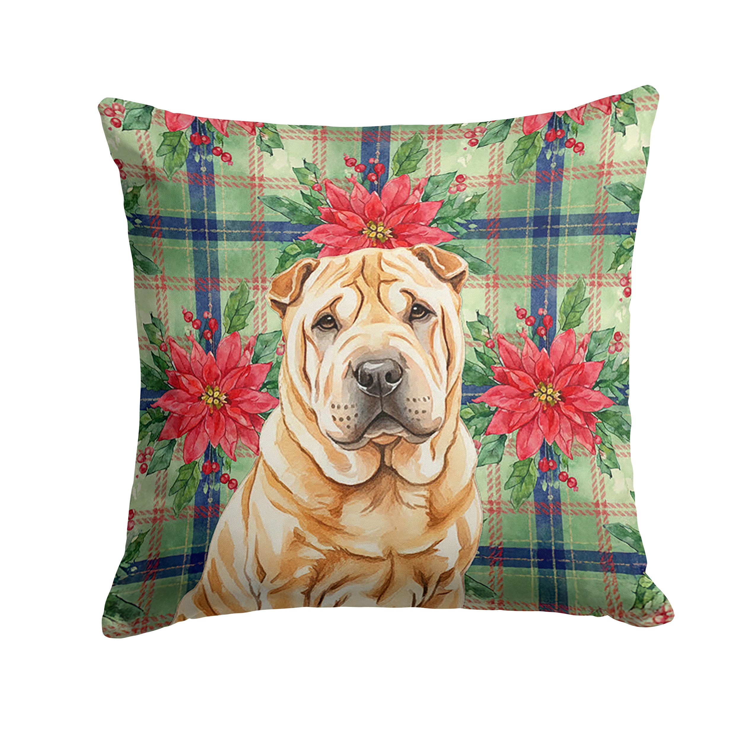 Red Shar Pei Christmas PoinsettIas Decorative Throw Pillow 14x14 Indoor Outdoor Accent Cushion, Fabric Cover with Insert for Sofa, Bed, Porch & Living Room
