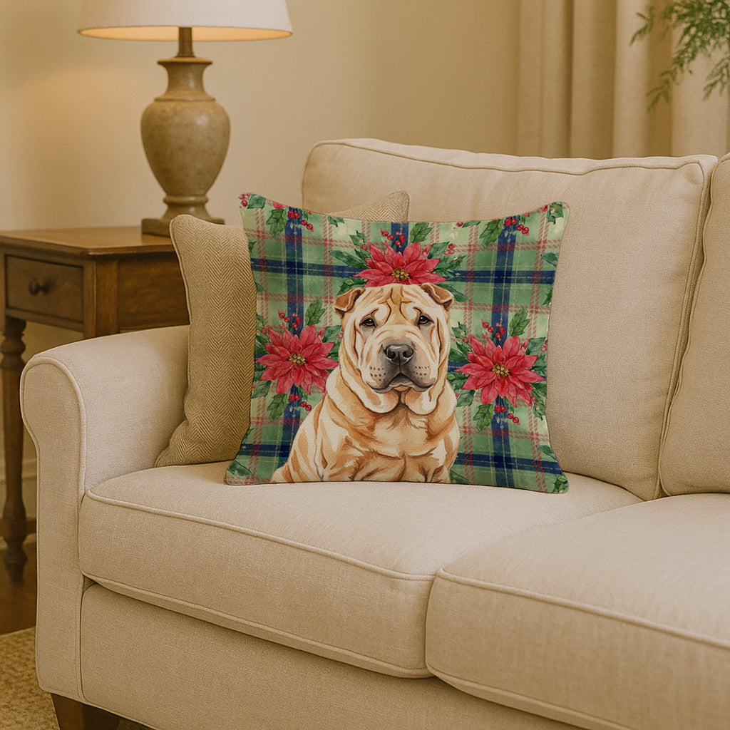Red Shar Pei Christmas PoinsettIas Decorative Throw Pillow 14x14 Indoor Outdoor Accent Cushion, Fabric Cover with Insert for Sofa, Bed, Porch & Living Room
