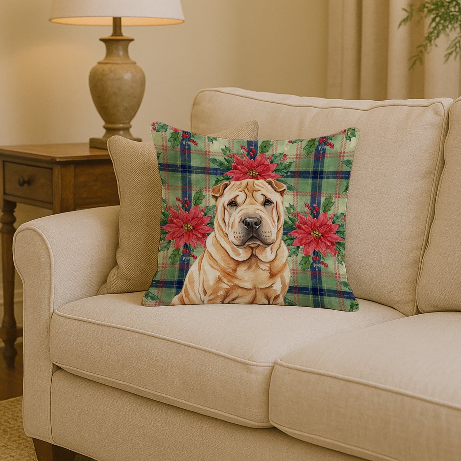 Red Shar Pei Christmas PoinsettIas Decorative Throw Pillow 14x14 Indoor Outdoor Accent Cushion, Fabric Cover with Insert for Sofa, Bed, Porch & Living Room