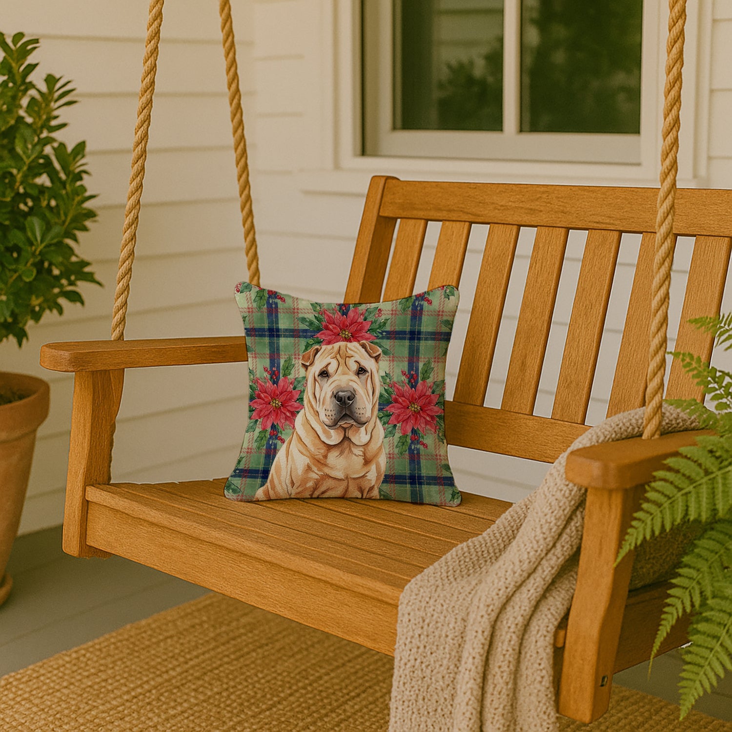 Red Shar Pei Christmas PoinsettIas Decorative Throw Pillow 14x14 Indoor Outdoor Accent Cushion, Fabric Cover with Insert for Sofa, Bed, Porch & Living Room
