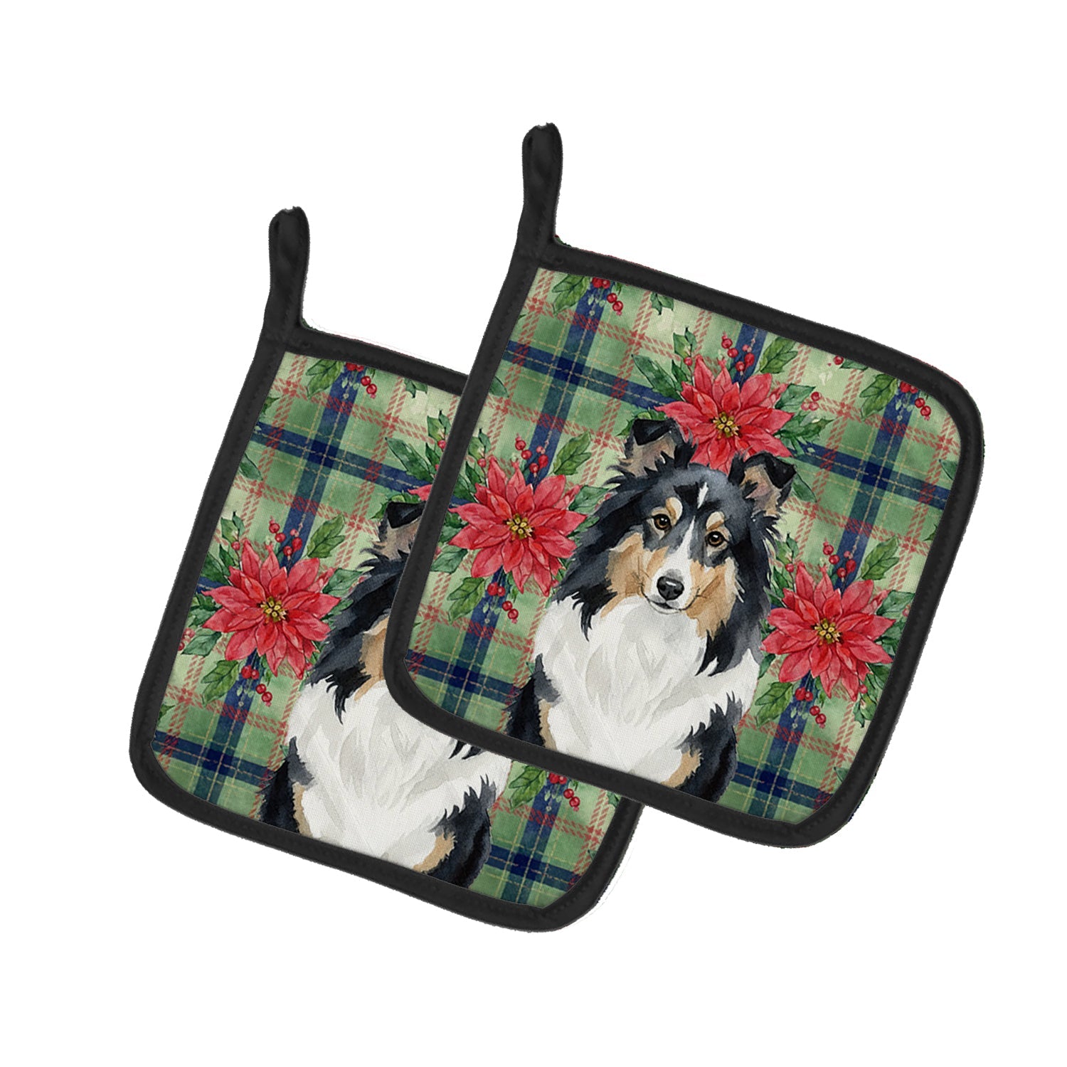 Tricolor Sheltie Christmas PoinsettIas Pot Holder Set of 2 Heat Resistant Quilted Hot Pads 7.5 x 7.5 Inch, Insulated Kitchen Trivets for Cooking & Baking