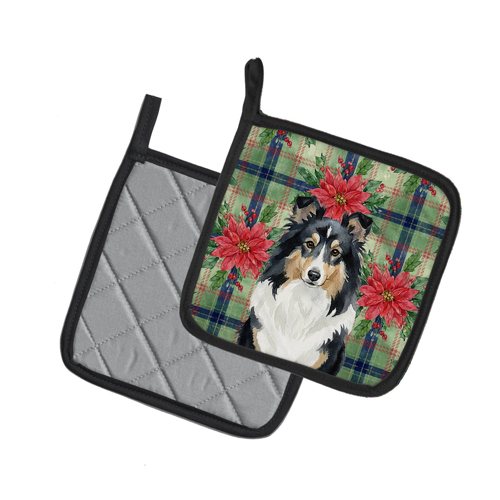 Tricolor Sheltie Christmas PoinsettIas Pot Holder Set of 2 Heat Resistant Quilted Hot Pads 7.5 x 7.5 Inch, Insulated Kitchen Trivets for Cooking & Baking
