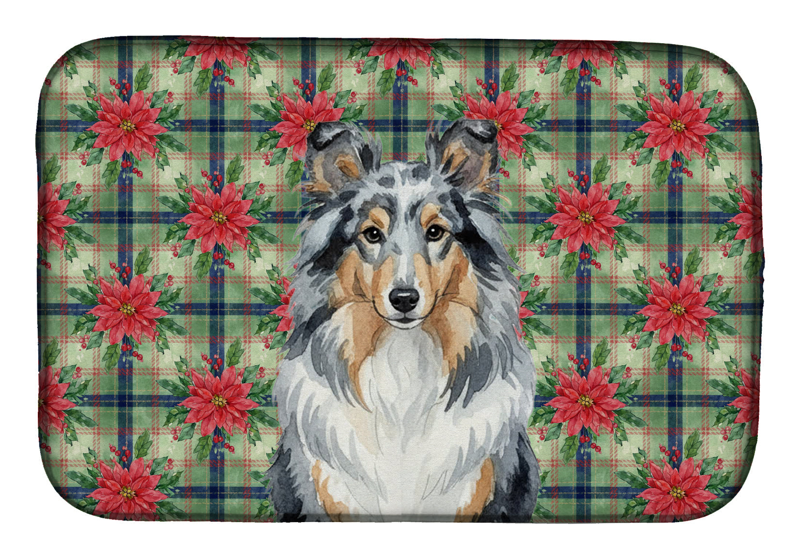 Blue Merle Sheltie Christmas PoinsettIas Dish Drying Mat Absorbent Dish Drying Mat Pad for Kitchen Counter Dish Drainer Mat for Countertop, 14 x 21", Multicolor