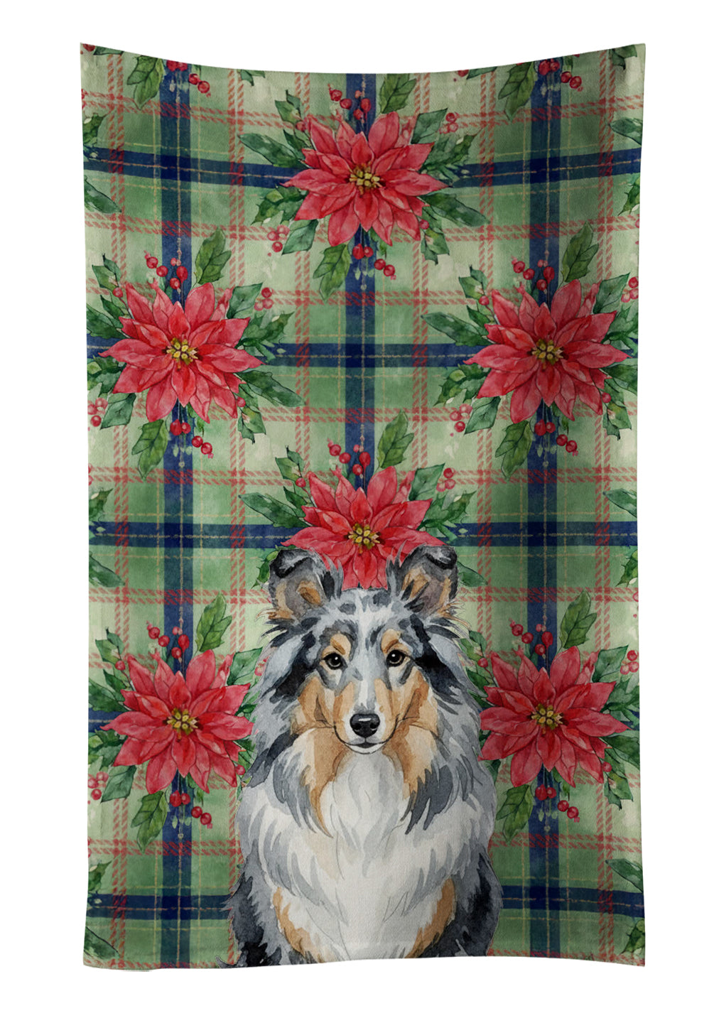 Blue Merle Sheltie Christmas PoinsettIas Kitchen Towel Velour Plush Front and Cotton Loop Back Machine Washable
