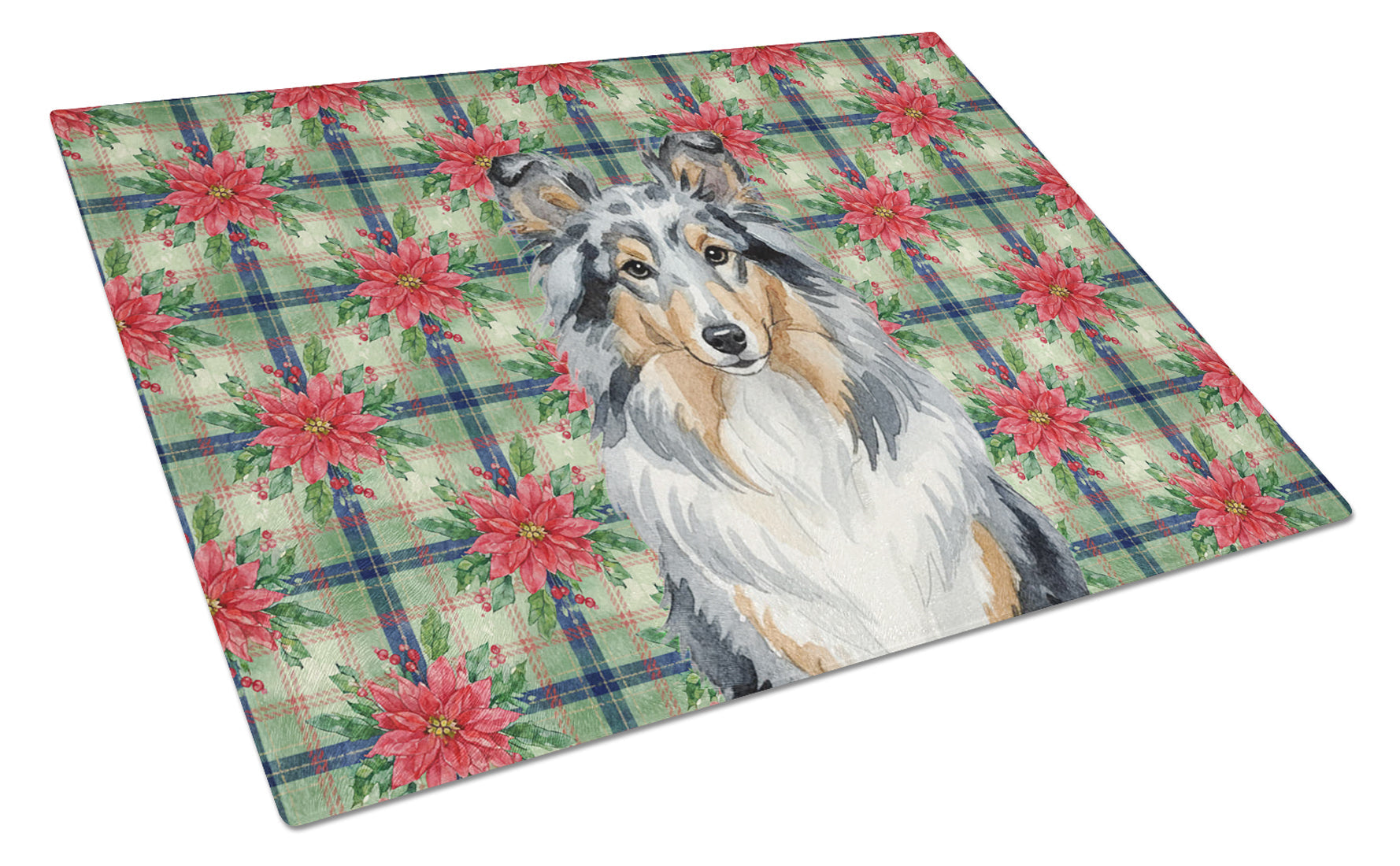 Blue Merle Sheltie Christmas PoinsettIas Cutting Board Tempered Glass Kitchen Cutting Surface, Heat Resistant Chopping, Non-Slip Feet, Food Prep & Serving