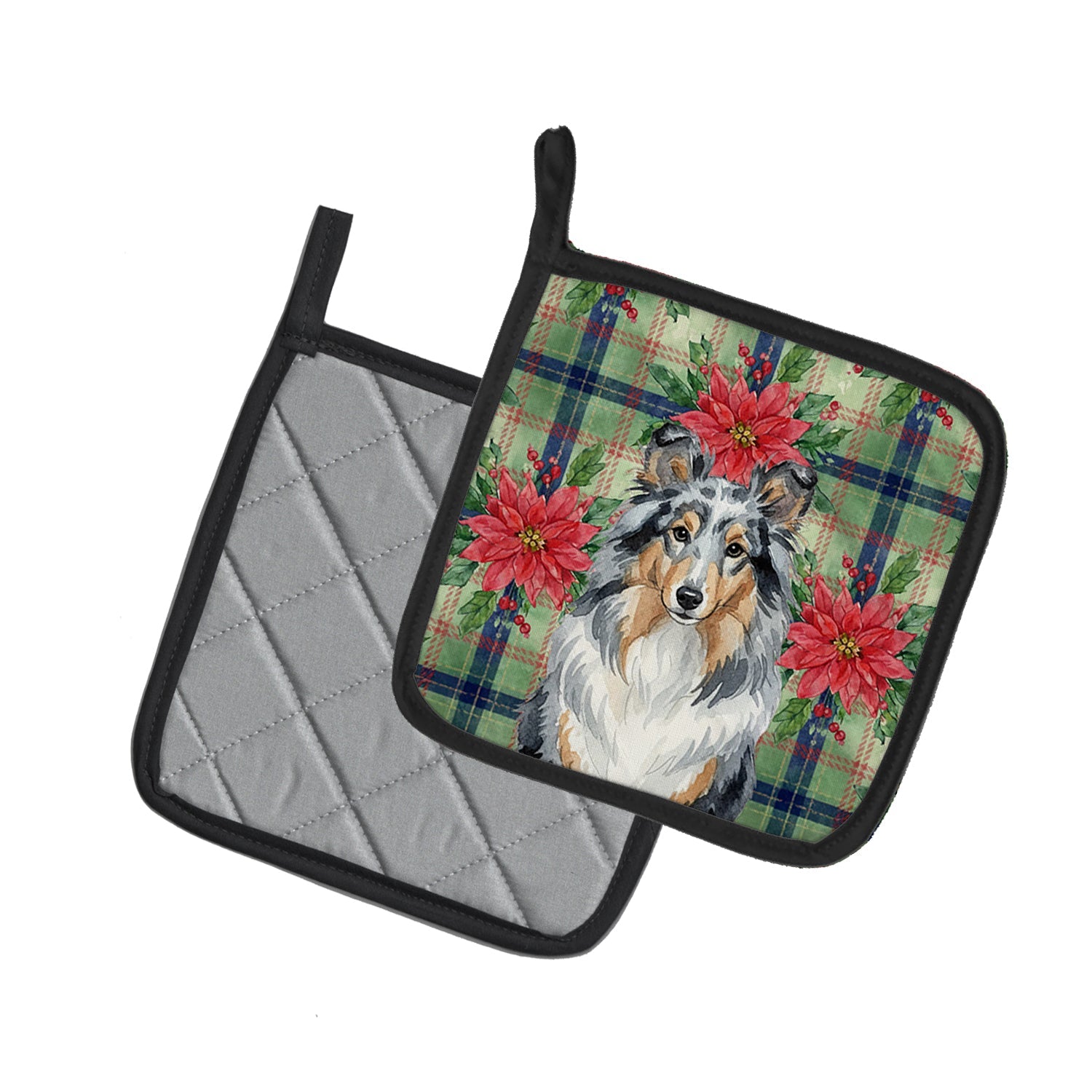 Blue Merle Sheltie Christmas PoinsettIas Pot Holder Set of 2 Heat Resistant Quilted Hot Pads 7.5 x 7.5 Inch, Insulated Kitchen Trivets for Cooking & Baking