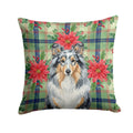 Blue Merle Sheltie Christmas PoinsettIas Decorative Throw Pillow 14x14 Indoor Outdoor Accent Cushion, Fabric Cover with Insert for Sofa, Bed, Porch & Living Room