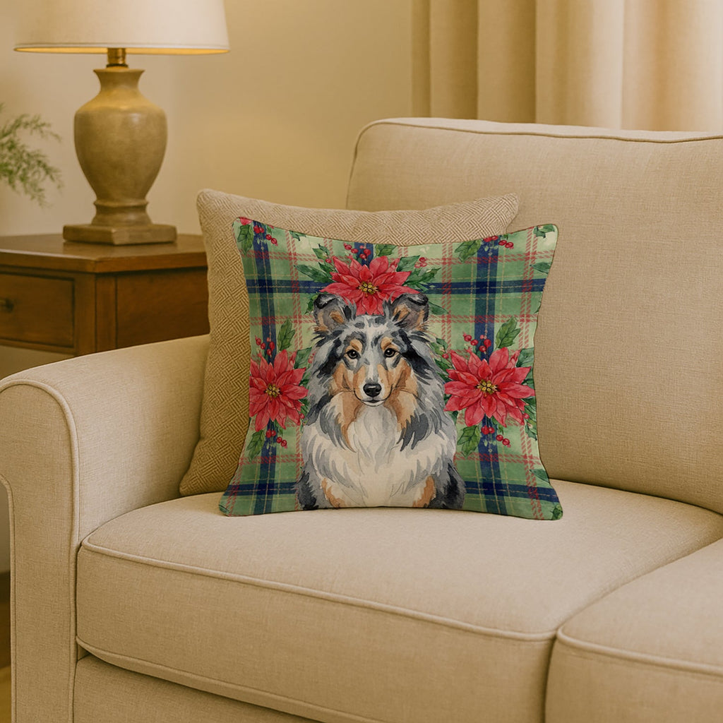 Blue Merle Sheltie Christmas PoinsettIas Decorative Throw Pillow 18x18 Indoor Outdoor Accent Cushion, Fabric Cover with Insert for Sofa, Bed, Porch & Living Room