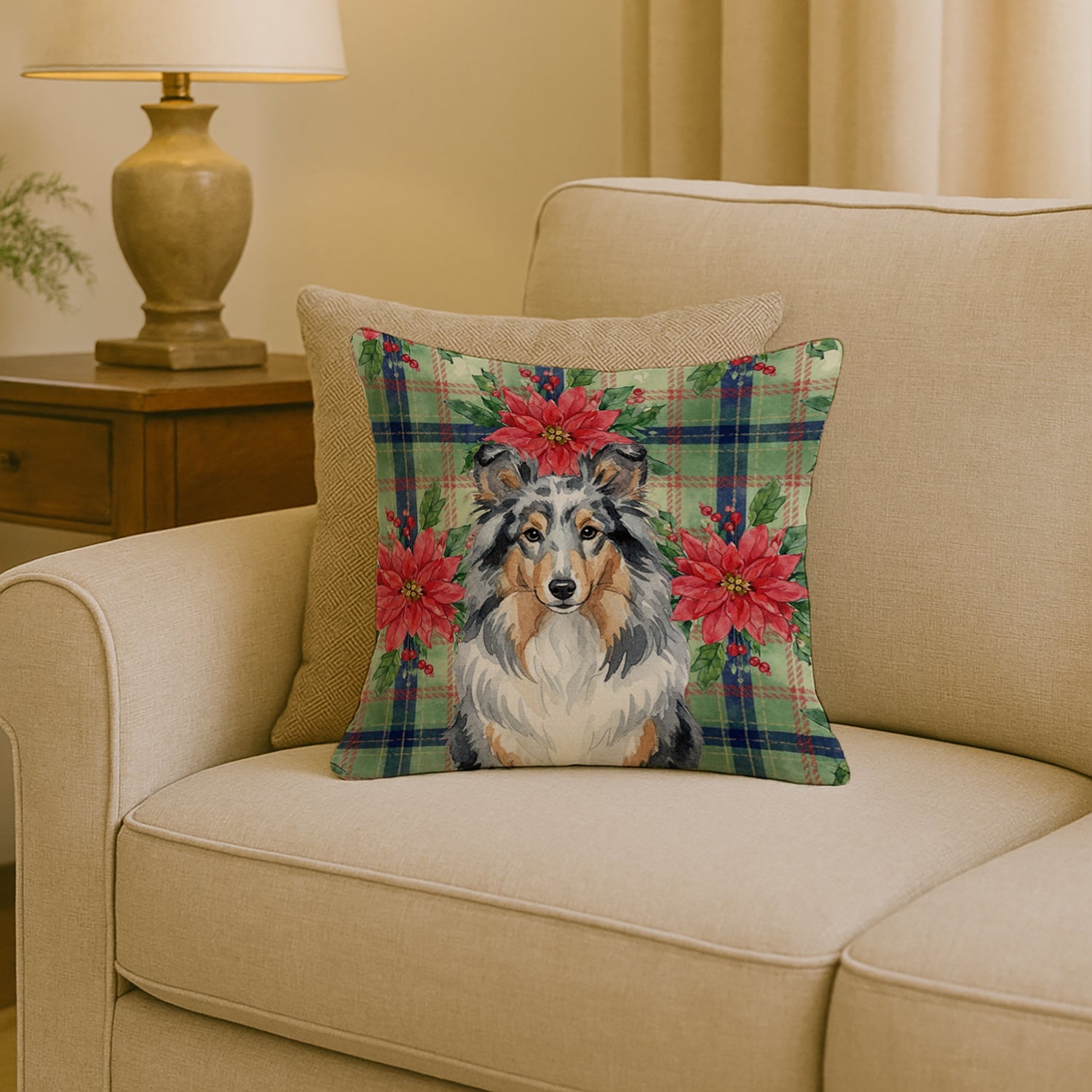 Blue Merle Sheltie Christmas PoinsettIas Decorative Throw Pillow 18x18 Indoor Outdoor Accent Cushion, Fabric Cover with Insert for Sofa, Bed, Porch & Living Room
