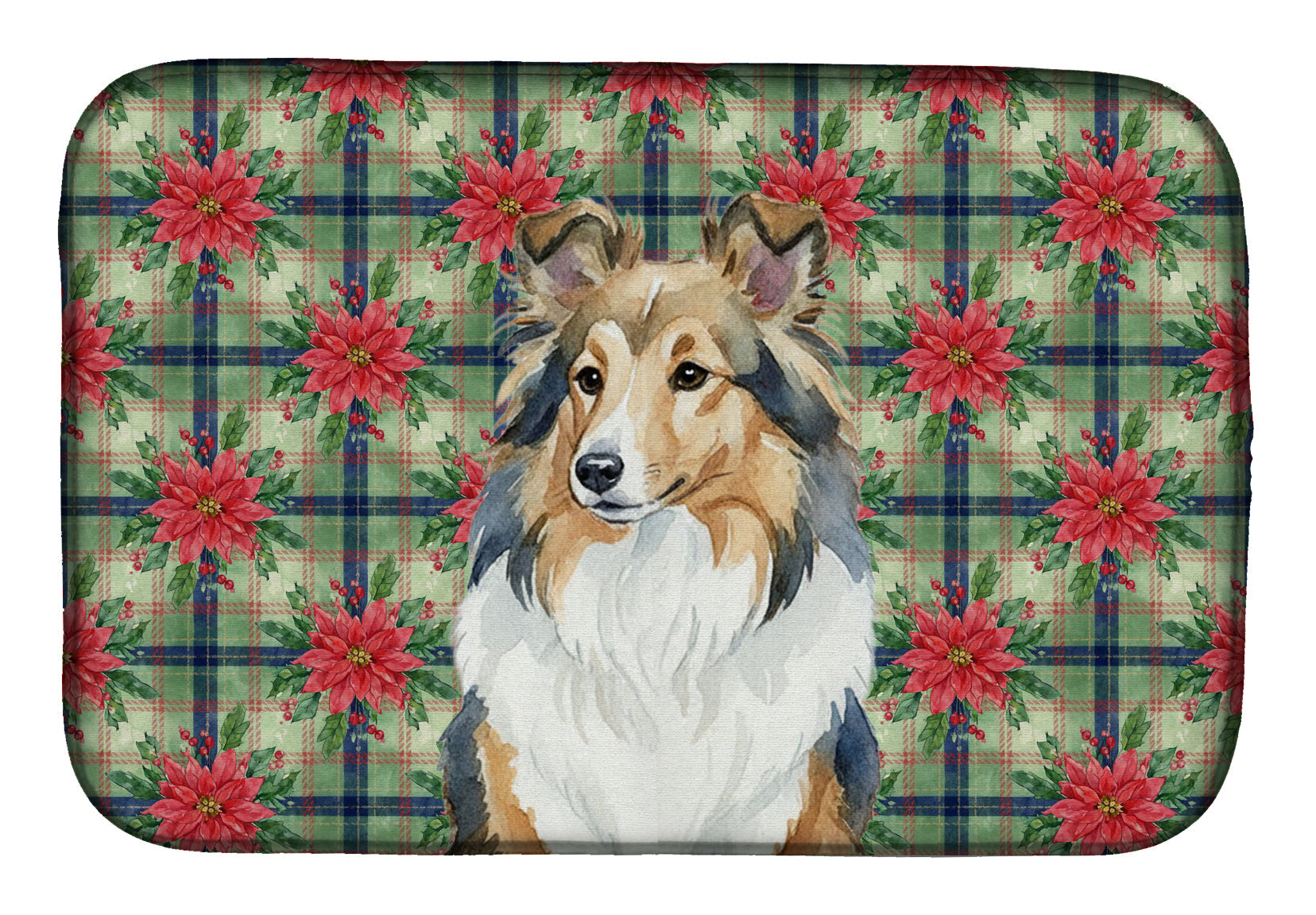 Sable Sheltie Christmas PoinsettIas Dish Drying Mat Absorbent Dish Drying Mat Pad for Kitchen Counter Dish Drainer Mat for Countertop, 14 x 21", Multicolor