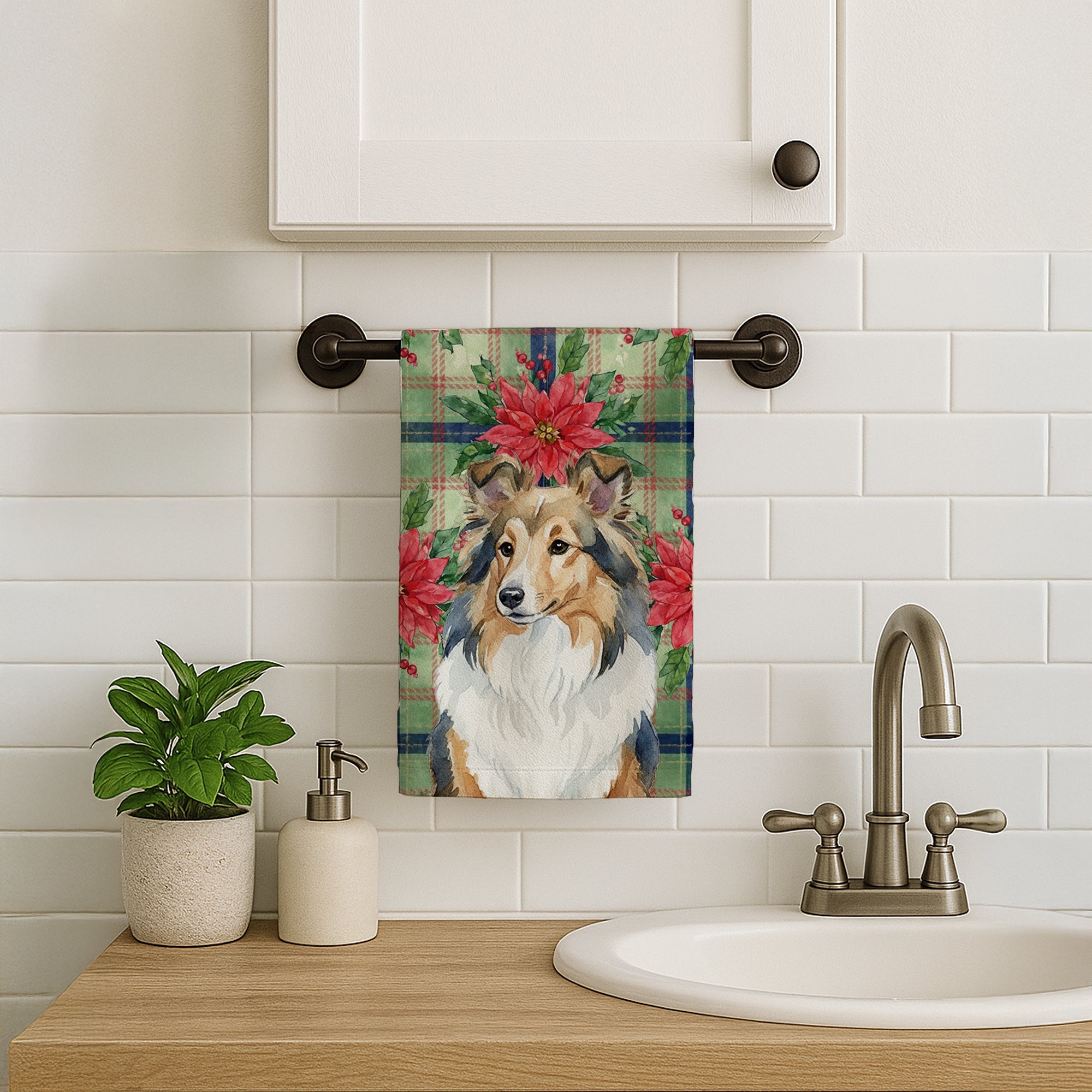 Sable Sheltie Christmas PoinsettIas Kitchen Towel Velour Plush Front and Cotton Loop Back Machine Washable