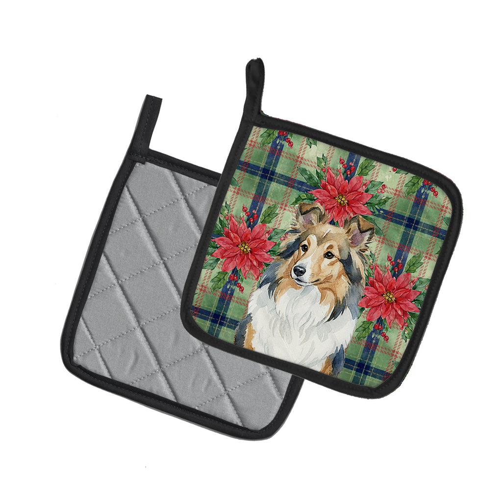 Sable Sheltie Christmas PoinsettIas Pot Holder Set of 2 Heat Resistant Quilted Hot Pads 7.5 x 7.5 Inch, Insulated Kitchen Trivets for Cooking & Baking