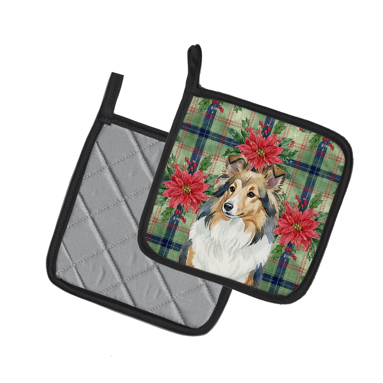 Sable Sheltie Christmas PoinsettIas Pot Holder Set of 2 Heat Resistant Quilted Hot Pads 7.5 x 7.5 Inch, Insulated Kitchen Trivets for Cooking & Baking