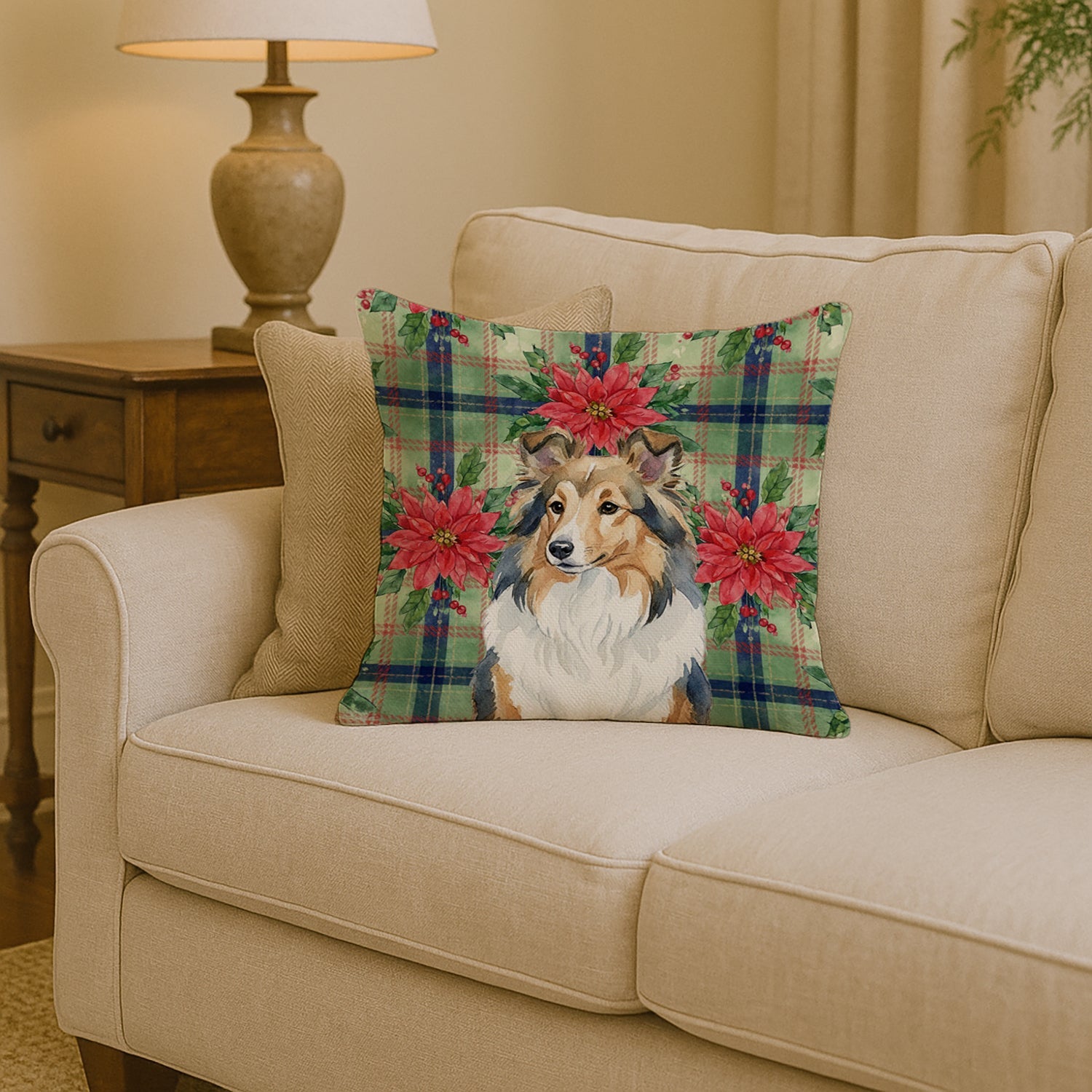 Sable Sheltie Christmas PoinsettIas Decorative Throw Pillow 14x14 Indoor Outdoor Accent Cushion, Fabric Cover with Insert for Sofa, Bed, Porch & Living Room