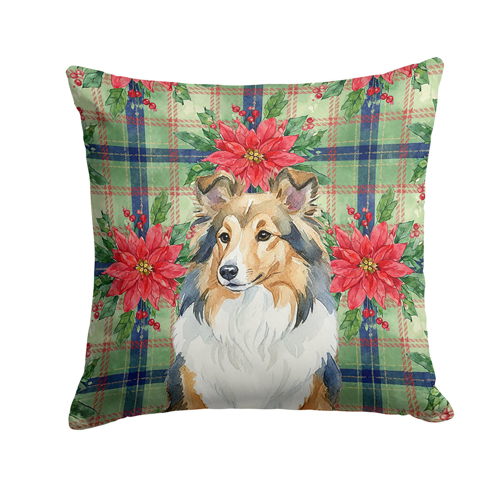 Sable Sheltie Christmas PoinsettIas Decorative Throw Pillow 18x18 Indoor Outdoor Accent Cushion, Fabric Cover with Insert for Sofa, Bed, Porch & Living Room