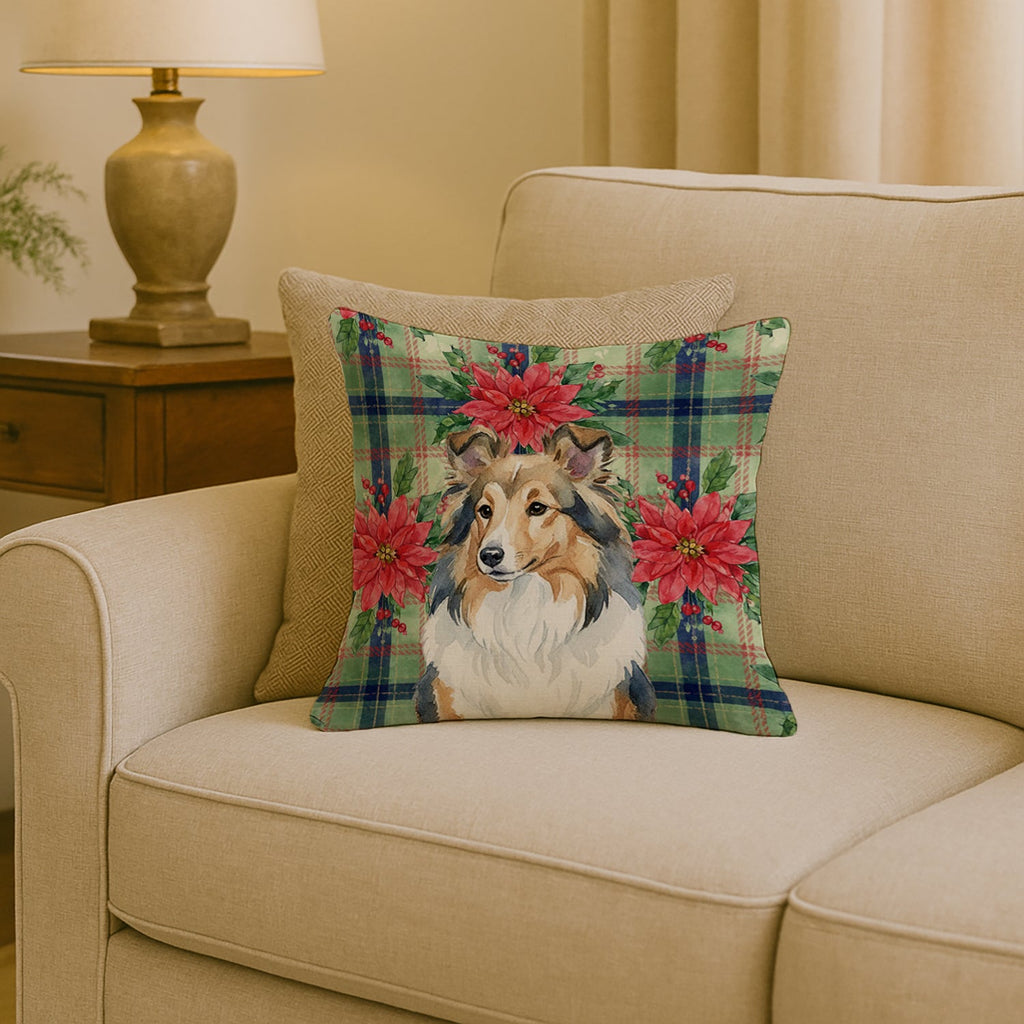 Sable Sheltie Christmas PoinsettIas Decorative Throw Pillow 18x18 Indoor Outdoor Accent Cushion, Fabric Cover with Insert for Sofa, Bed, Porch & Living Room