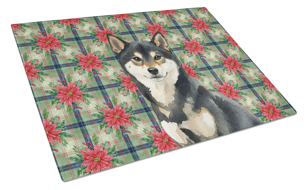 Black and Tan Shiba Inu Christmas PoinsettIas Cutting Board Tempered Glass Kitchen Cutting Surface, Heat Resistant Chopping, Non-Slip Feet, Food Prep & Serving