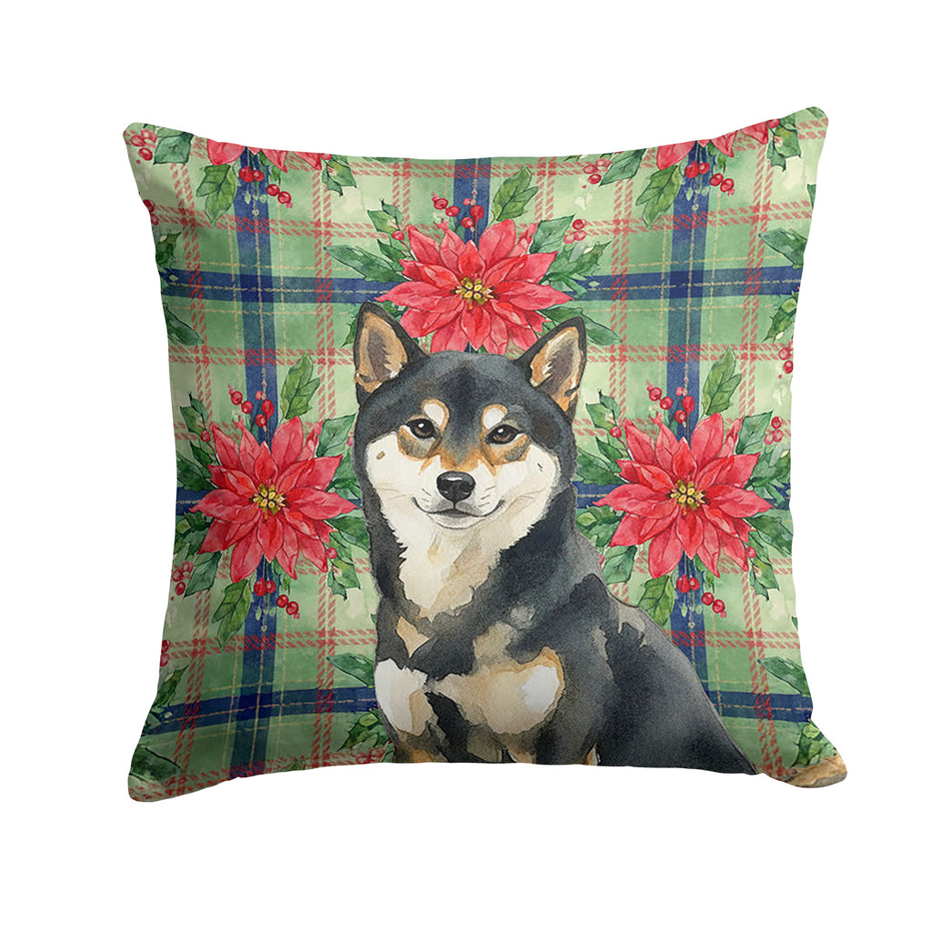 Black and Tan Shiba Inu Christmas PoinsettIas Decorative Throw Pillow 14x14 Indoor Outdoor Accent Cushion, Fabric Cover with Insert for Sofa, Bed, Porch & Living Room