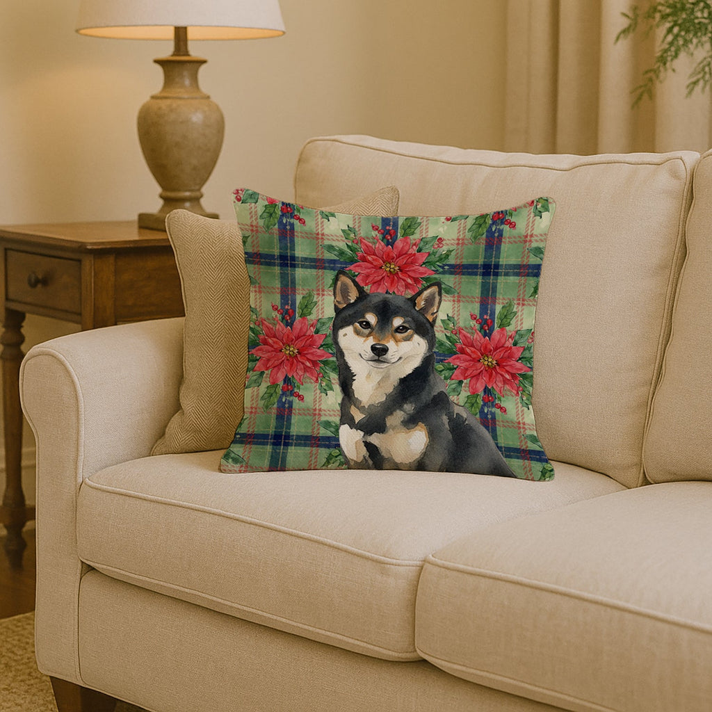 Black and Tan Shiba Inu Christmas PoinsettIas Decorative Throw Pillow 14x14 Indoor Outdoor Accent Cushion, Fabric Cover with Insert for Sofa, Bed, Porch & Living Room