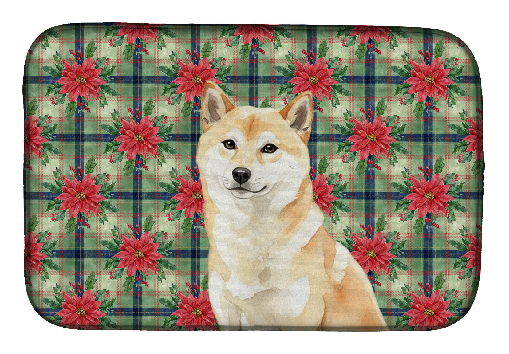Cream Shiba Inu Christmas PoinsettIas Dish Drying Mat Absorbent Dish Drying Mat Pad for Kitchen Counter Dish Drainer Mat for Countertop, 14 x 21", Multicolor