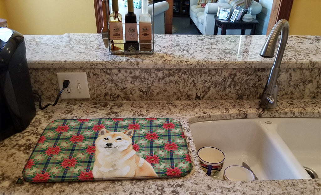 Cream Shiba Inu Christmas PoinsettIas Dish Drying Mat Absorbent Dish Drying Mat Pad for Kitchen Counter Dish Drainer Mat for Countertop, 14 x 21", Multicolor