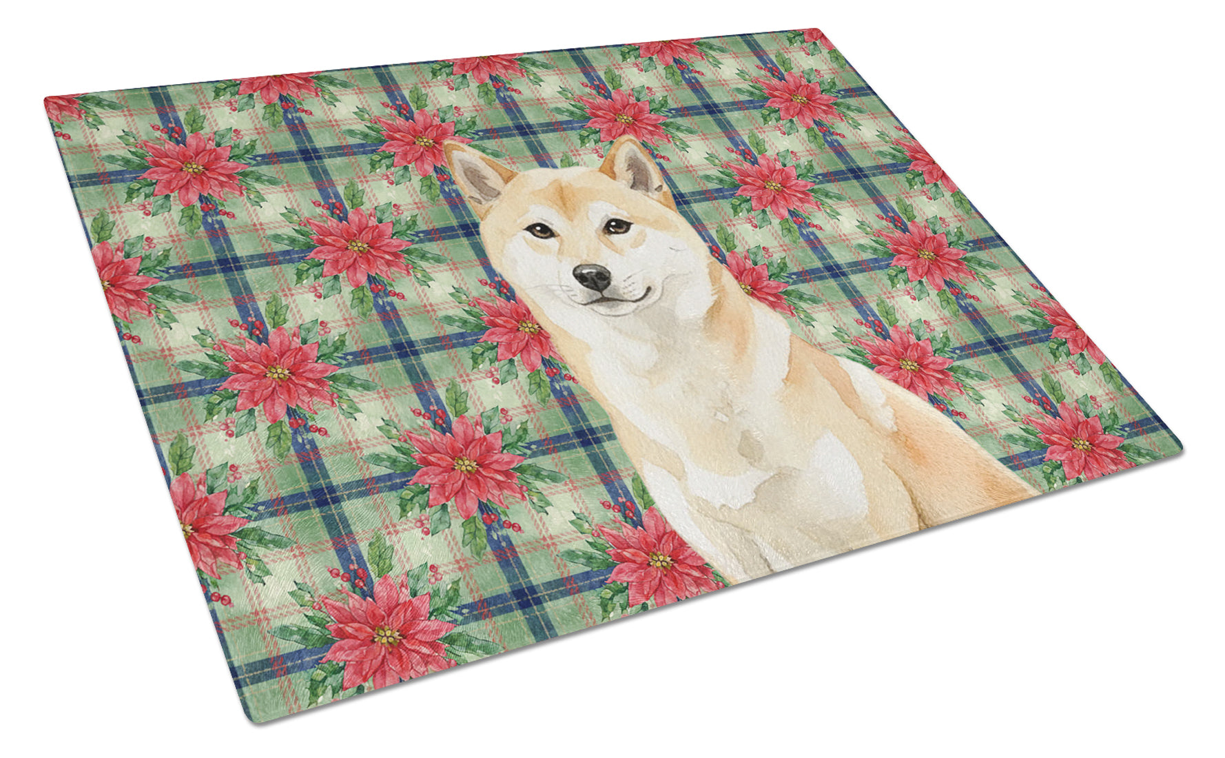 Cream Shiba Inu Christmas PoinsettIas Cutting Board Tempered Glass Kitchen Cutting Surface, Heat Resistant Chopping, Non-Slip Feet, Food Prep & Serving