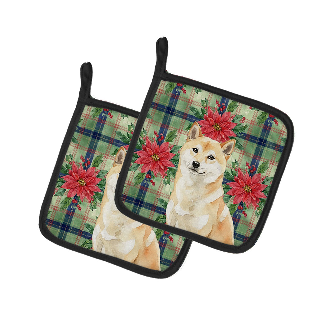 Cream Shiba Inu Christmas PoinsettIas Pot Holder Set of 2 Heat Resistant Quilted Hot Pads 7.5 x 7.5 Inch, Insulated Kitchen Trivets for Cooking & Baking