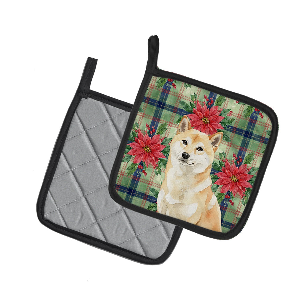 Cream Shiba Inu Christmas PoinsettIas Pot Holder Set of 2 Heat Resistant Quilted Hot Pads 7.5 x 7.5 Inch, Insulated Kitchen Trivets for Cooking & Baking