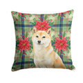 Cream Shiba Inu Christmas PoinsettIas Decorative Throw Pillow 14x14 Indoor Outdoor Accent Cushion, Fabric Cover with Insert for Sofa, Bed, Porch & Living Room