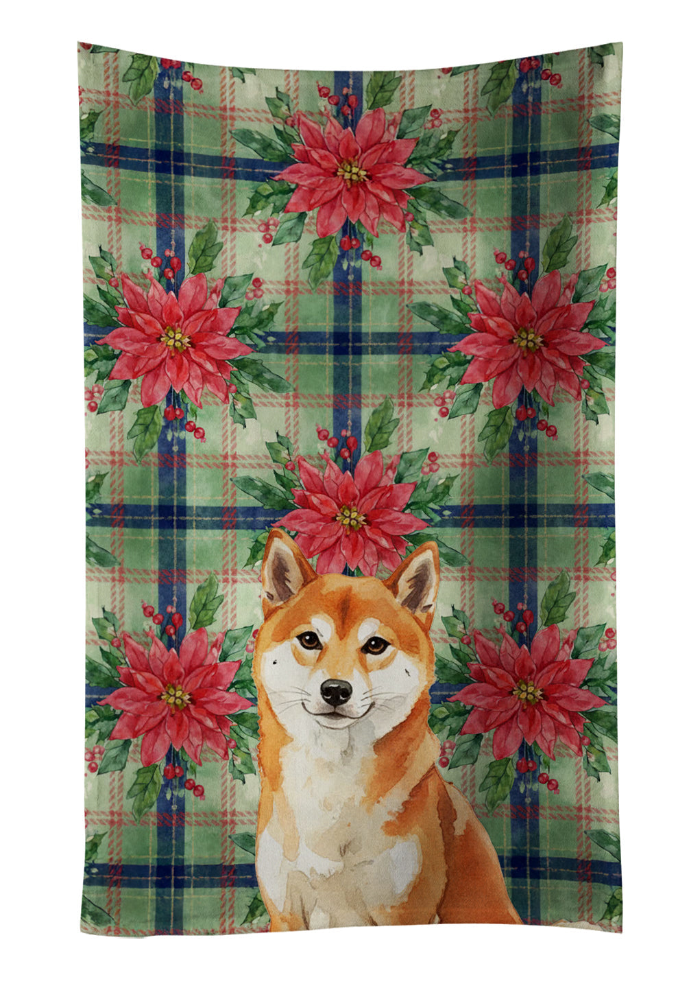 Red Shiba Inu Christmas PoinsettIas Kitchen Towel Velour Plush Front and Cotton Loop Back Machine Washable
