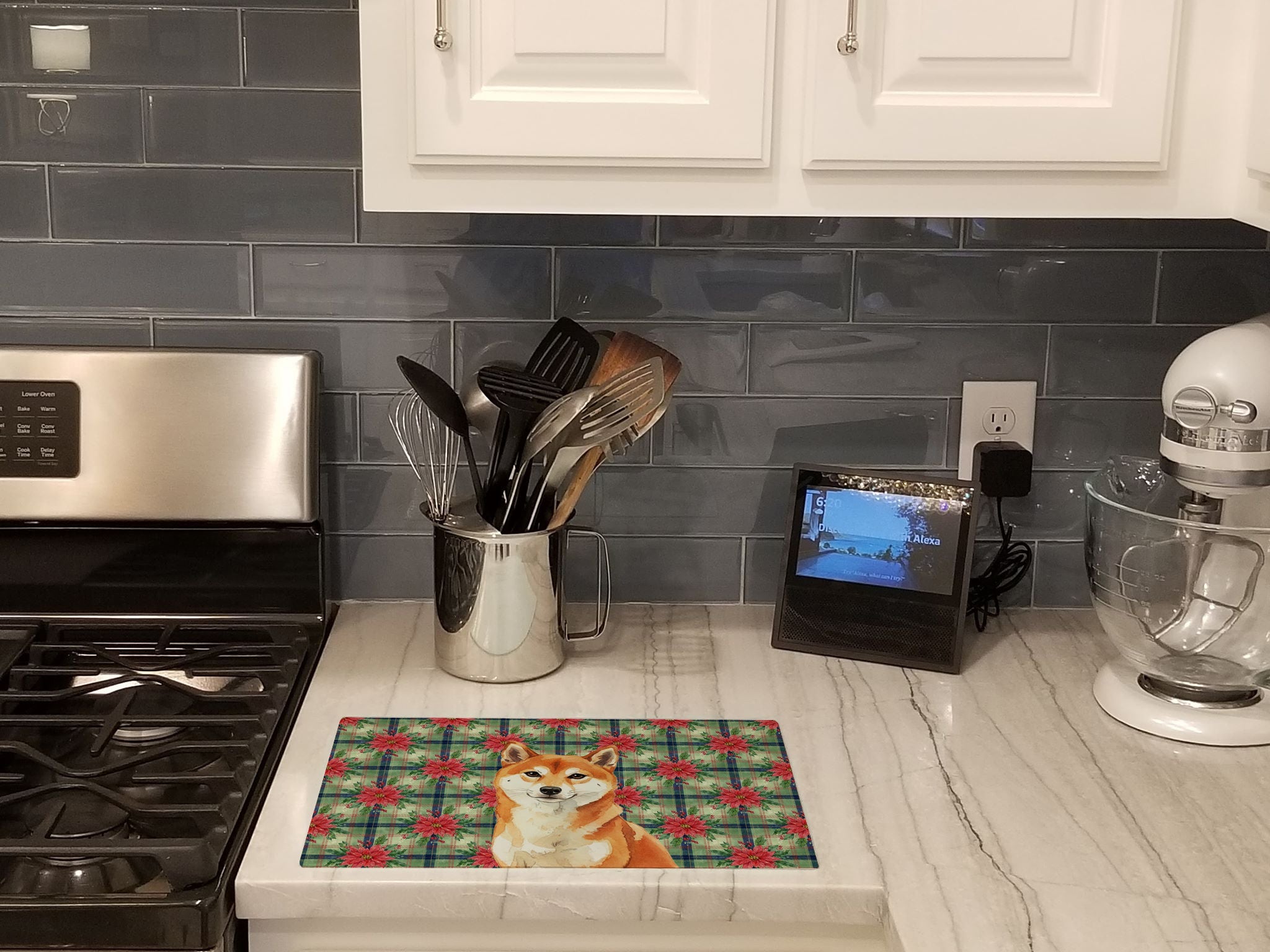 Red Shiba Inu Christmas PoinsettIas Cutting Board Tempered Glass Kitchen Cutting Surface, Heat Resistant Chopping, Non-Slip Feet, Food Prep & Serving