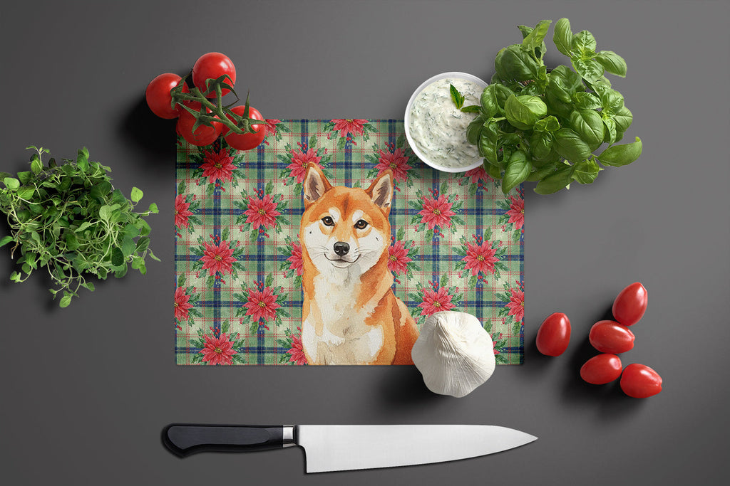 Red Shiba Inu Christmas PoinsettIas Cutting Board Tempered Glass Kitchen Cutting Surface, Heat Resistant Chopping, Non-Slip Feet, Food Prep & Serving